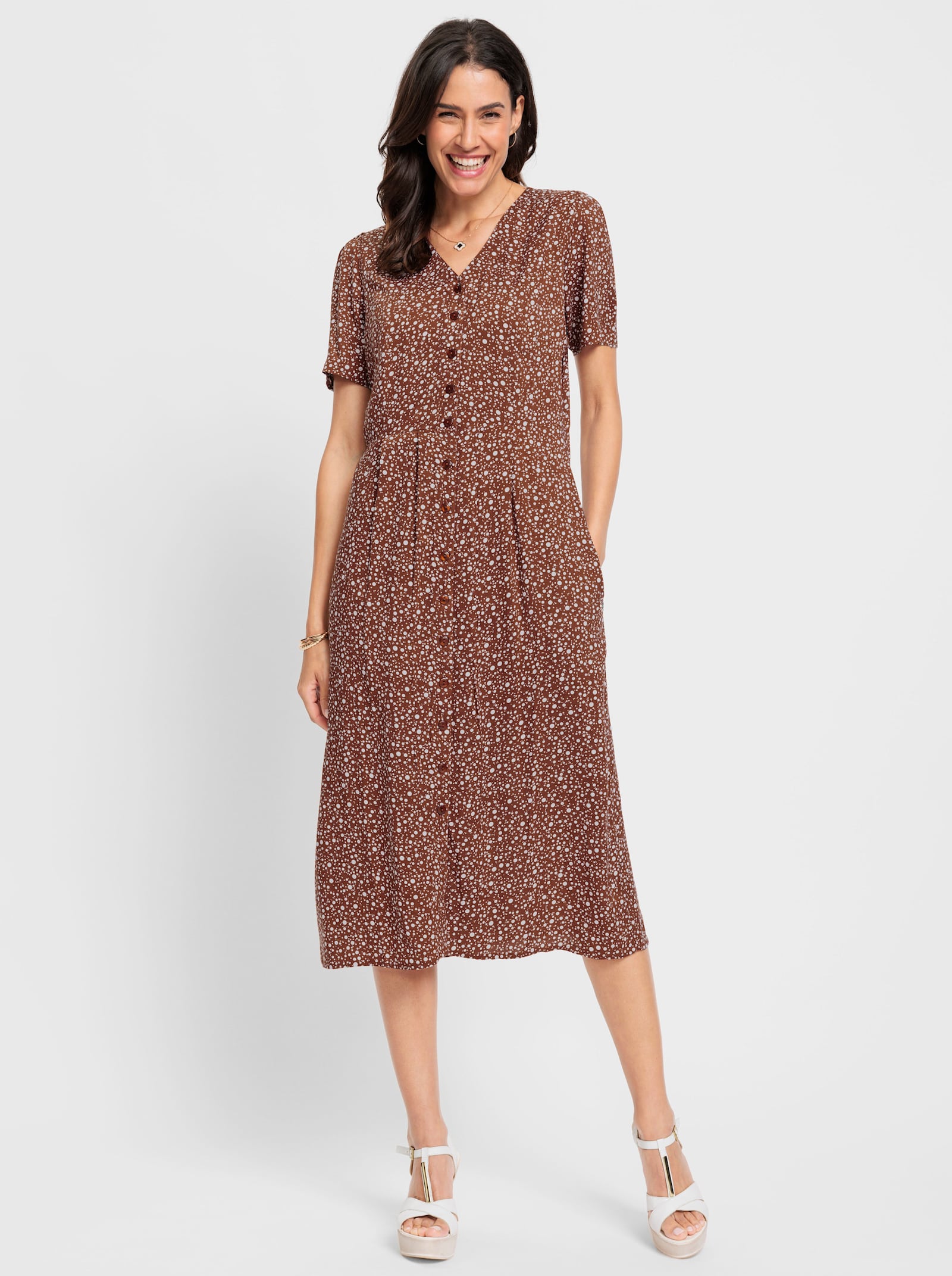 Sommerkleid an den Schultern gerafft - rotbraun-weiß-bedruckt