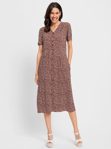 Sommerkleid an den Schultern gerafft - rotbraun-weiß-bedruckt