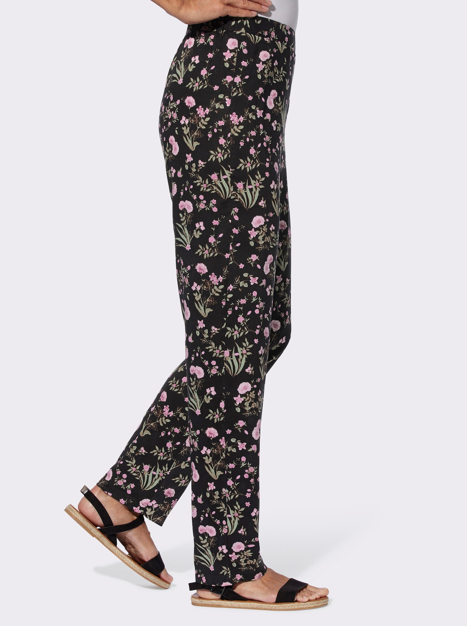 Schlupfhose in Web-Qualität - schwarz-rosé-bedruckt