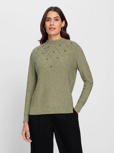 Stehkragenpullover mit Zierperlen - schilf-meliert