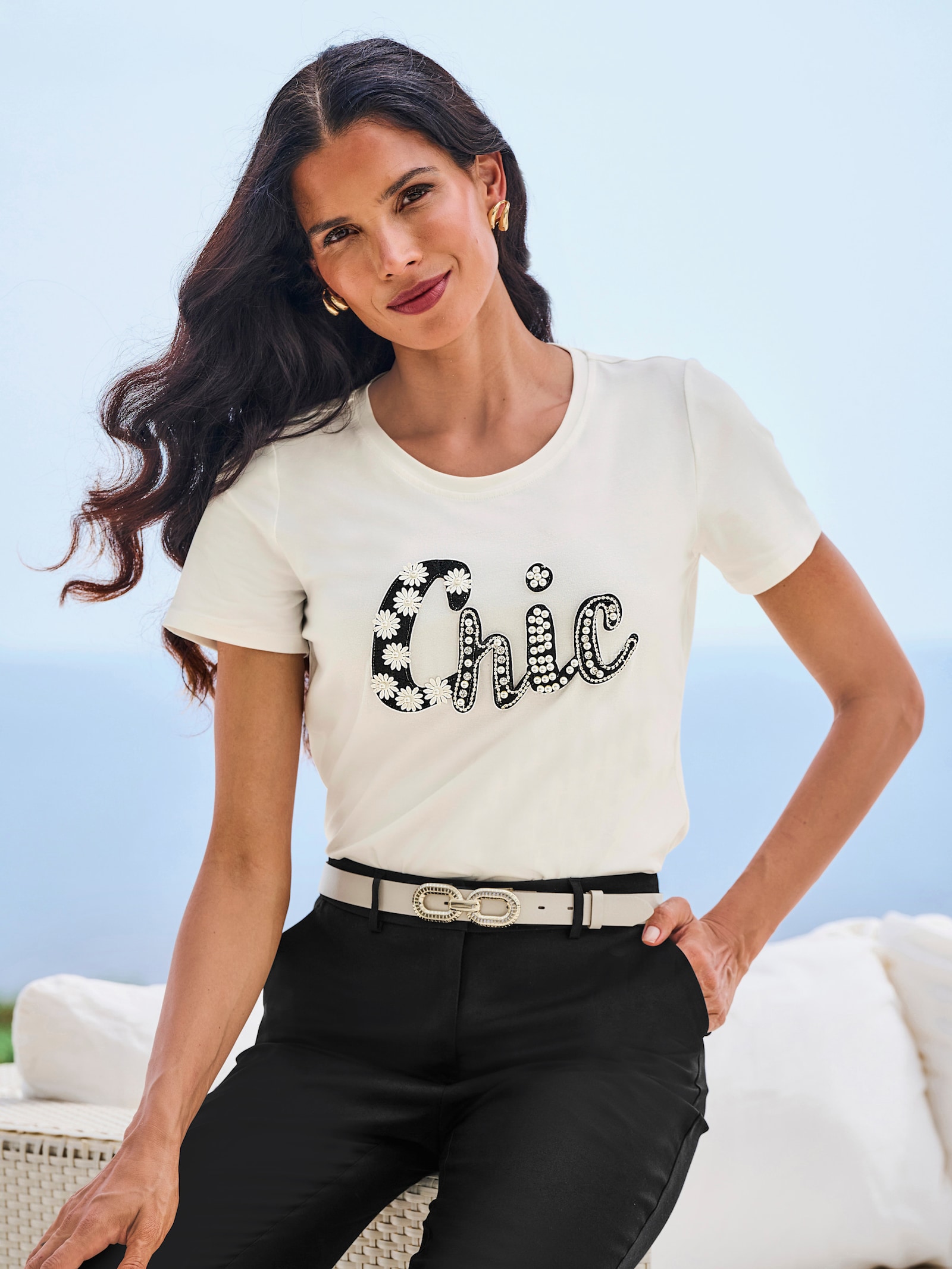 heine Kurzarmshirt mit Schriftzug im Vorderteil - ecru