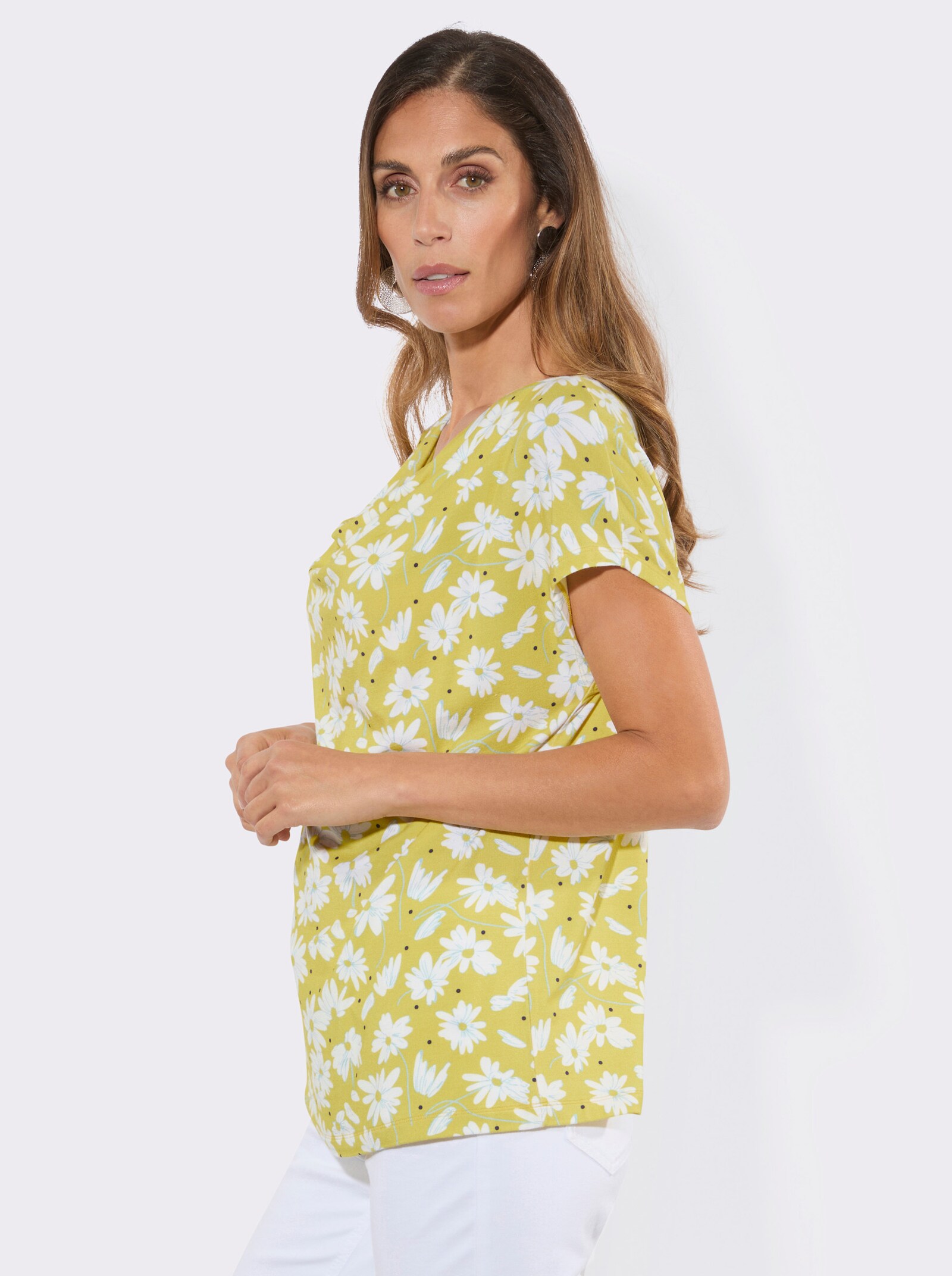 Wasserfallshirt mit Blumenmuster - limone-marine-bedruckt