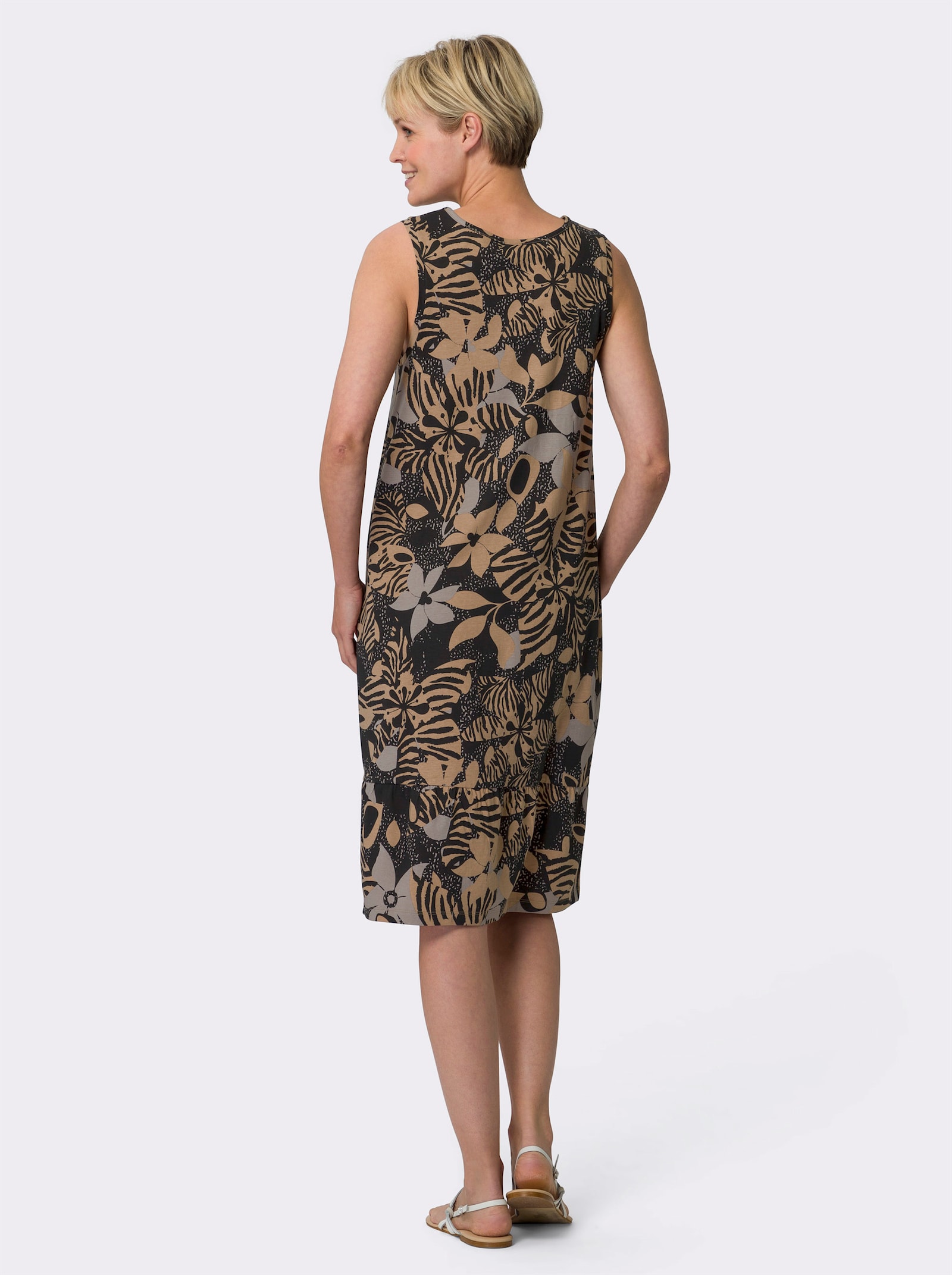 Sommerkleid mit Volants - schwarz-camel-bedruckt