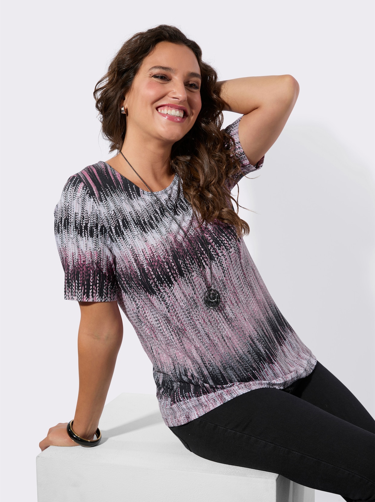 Kurzarmshirt - rosé-grau-bedruckt