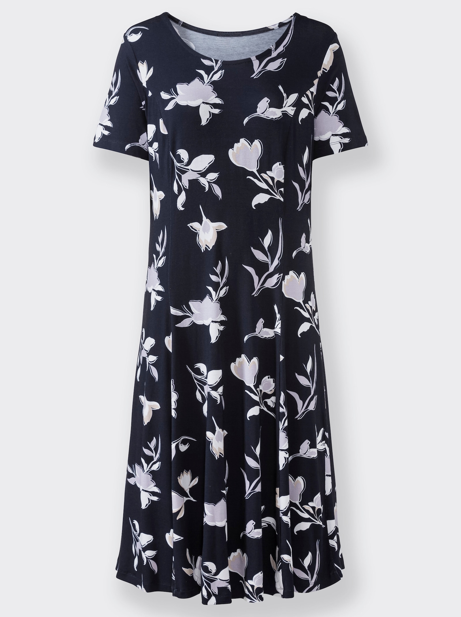 Jerseykleid in A-Form - marine-flieder-bedruckt