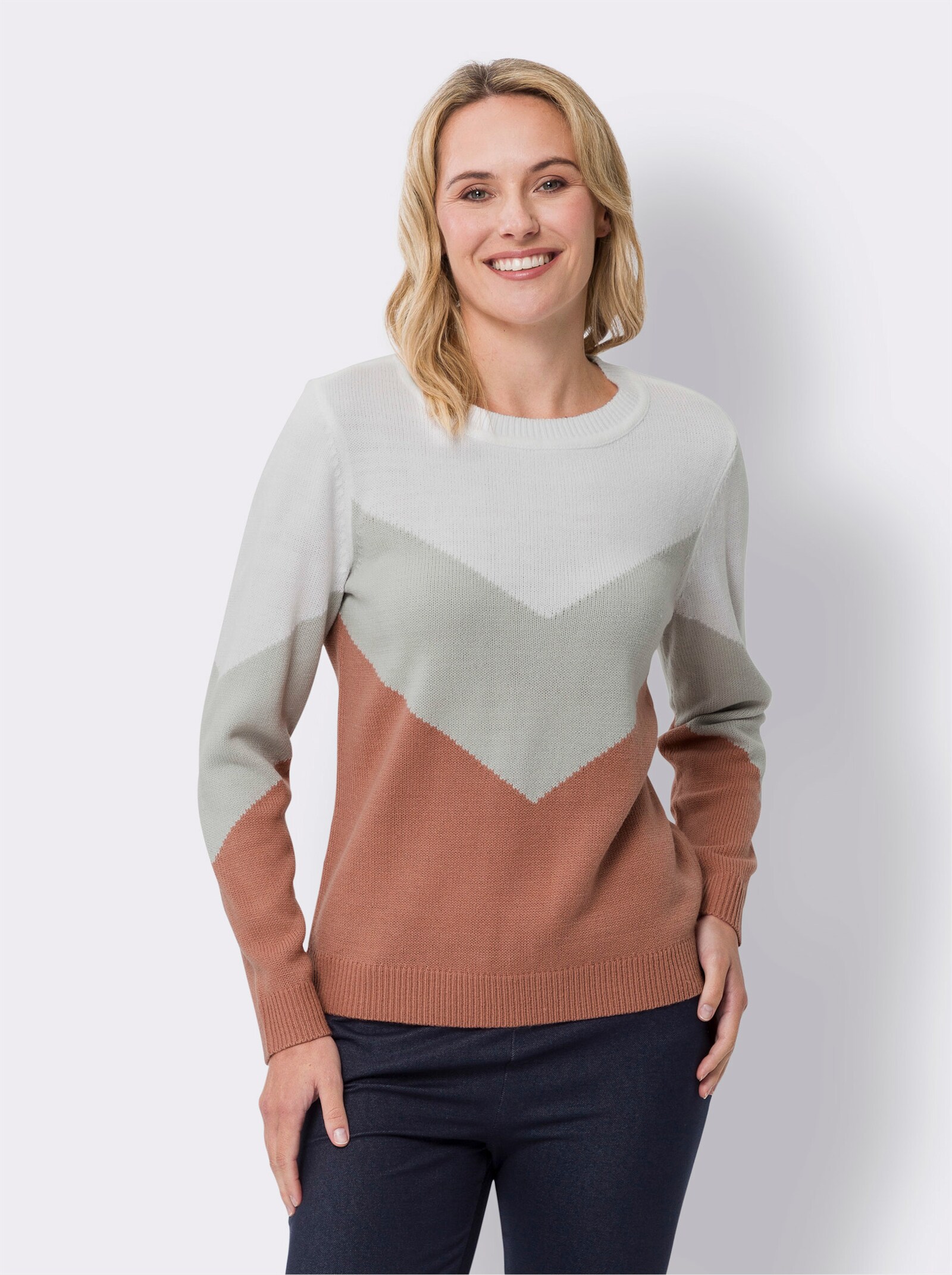 Pullover met ronde hals in colour blocking look - rozenhout-lichtgrijs gemêleerd