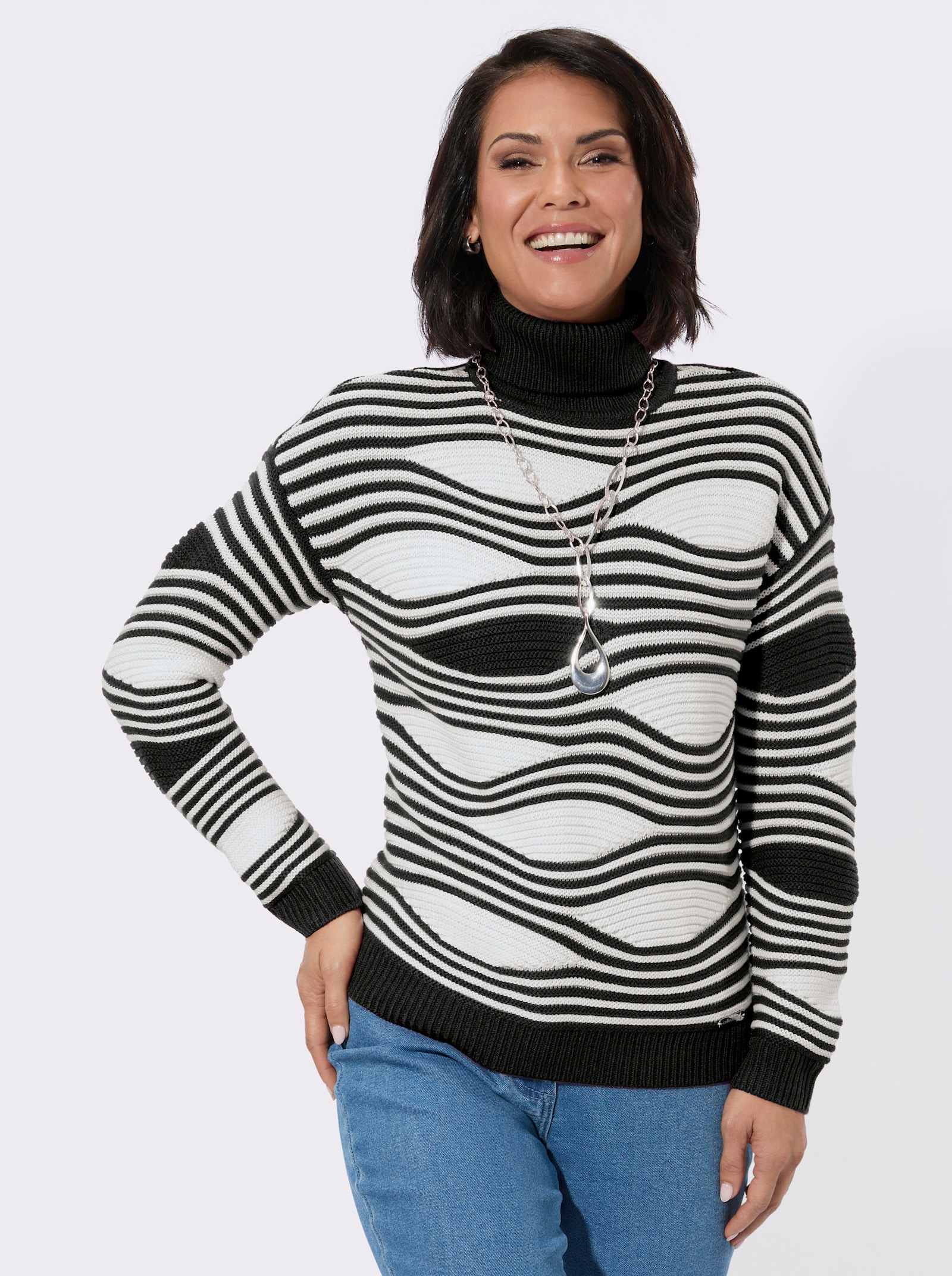 Rollkragenpullover mit Intarsienmuster - schwarz-ecru-gemustert