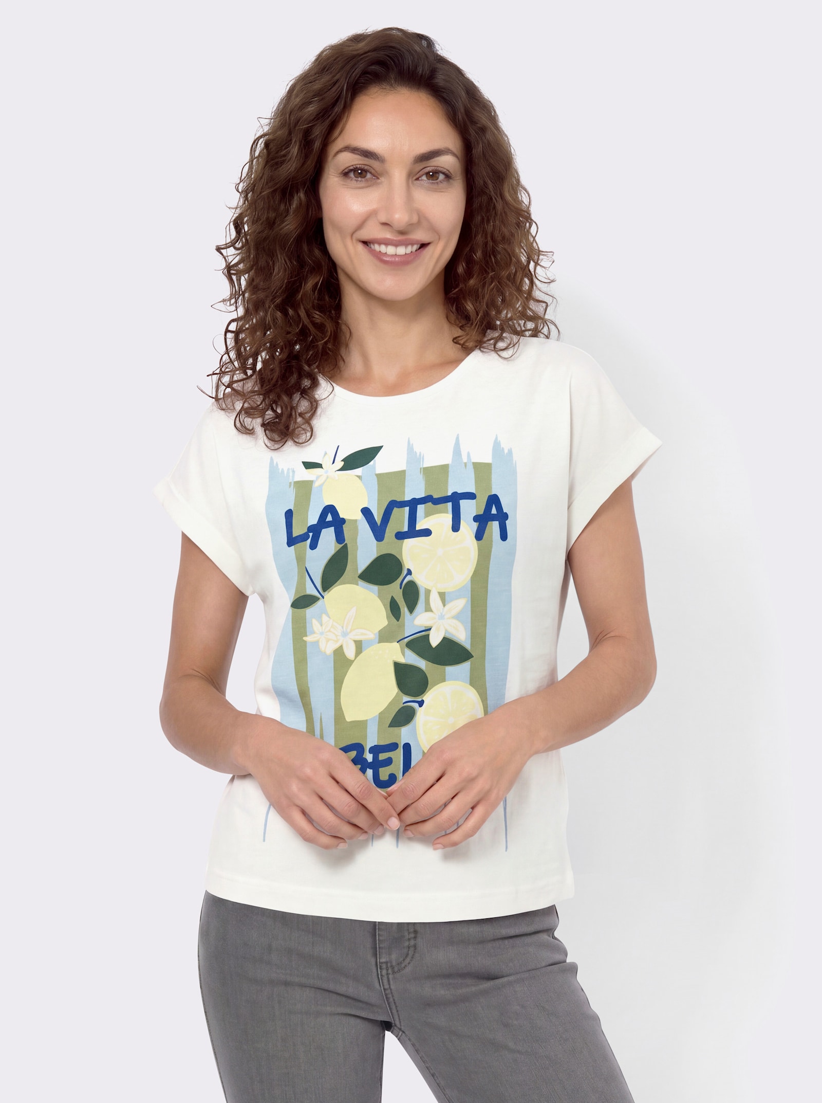 Shirt mit überschnittenen Schultern - ecru-royalblau-bedruckt