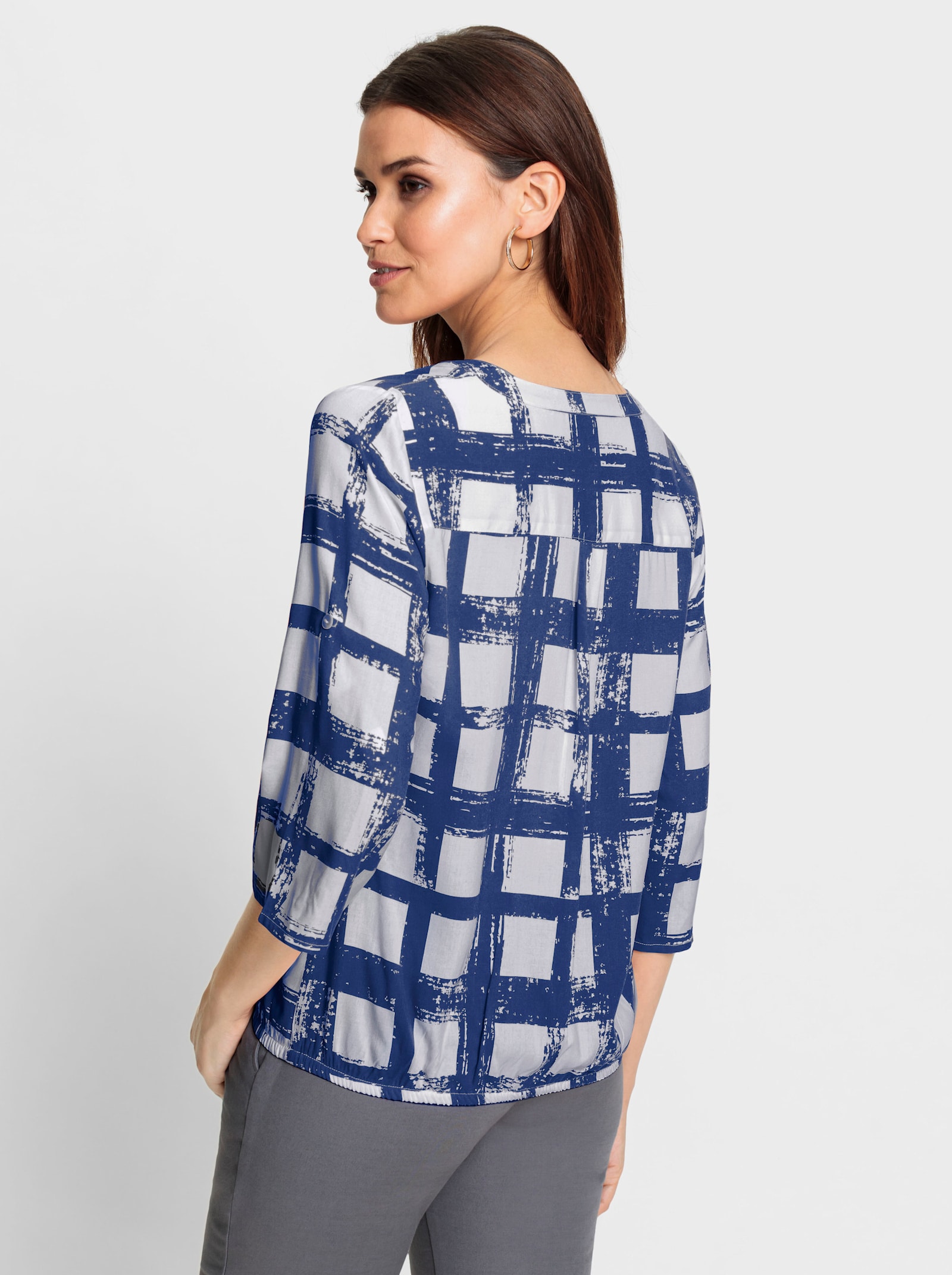 Schlupfbluse mit Krempelärmeln - royalblau-weiss-bedruckt