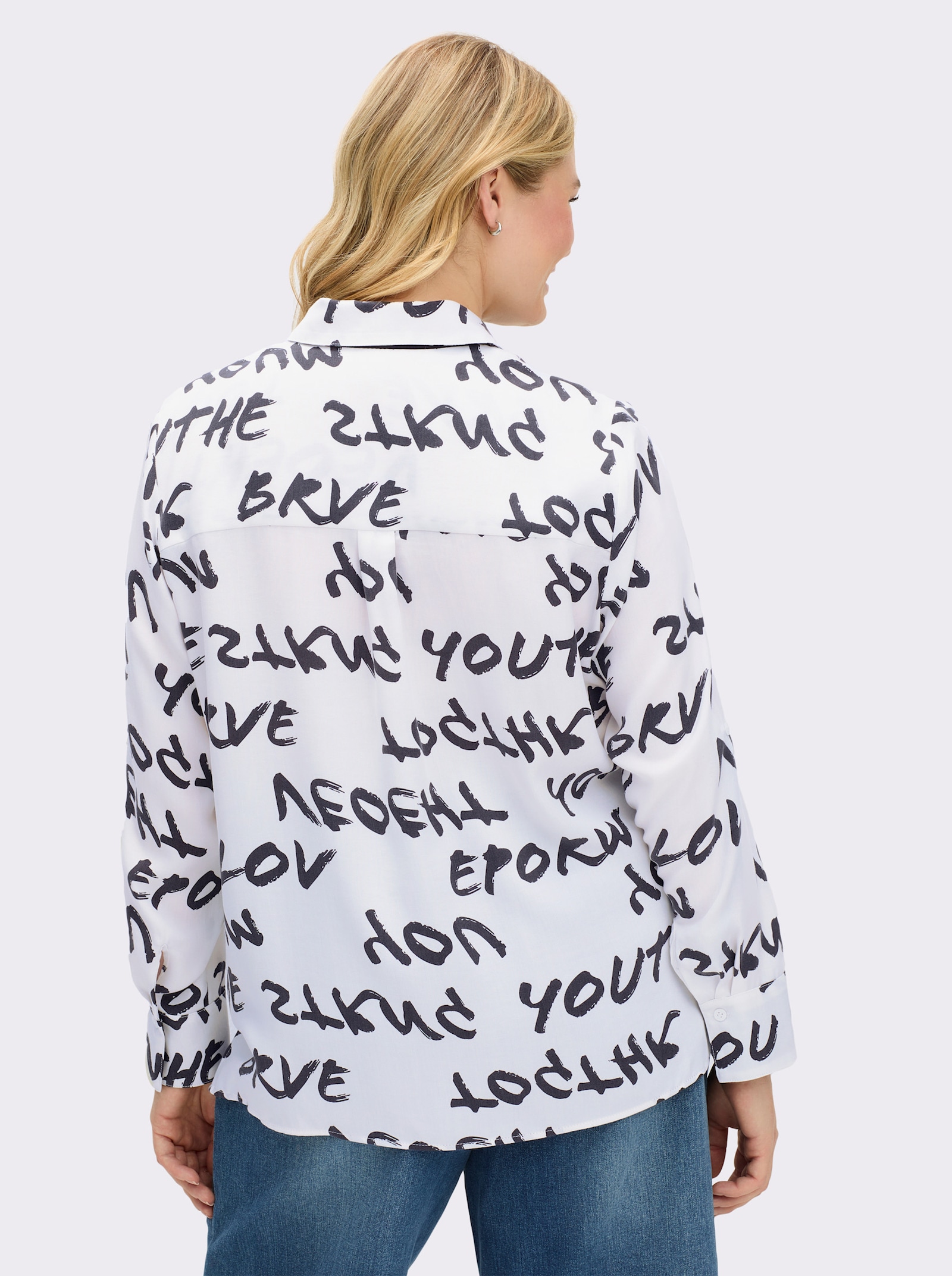 Hemdbluse mit 3/4-Ärmeln, reines Lyocell - weiß-schwarz-bedruckt