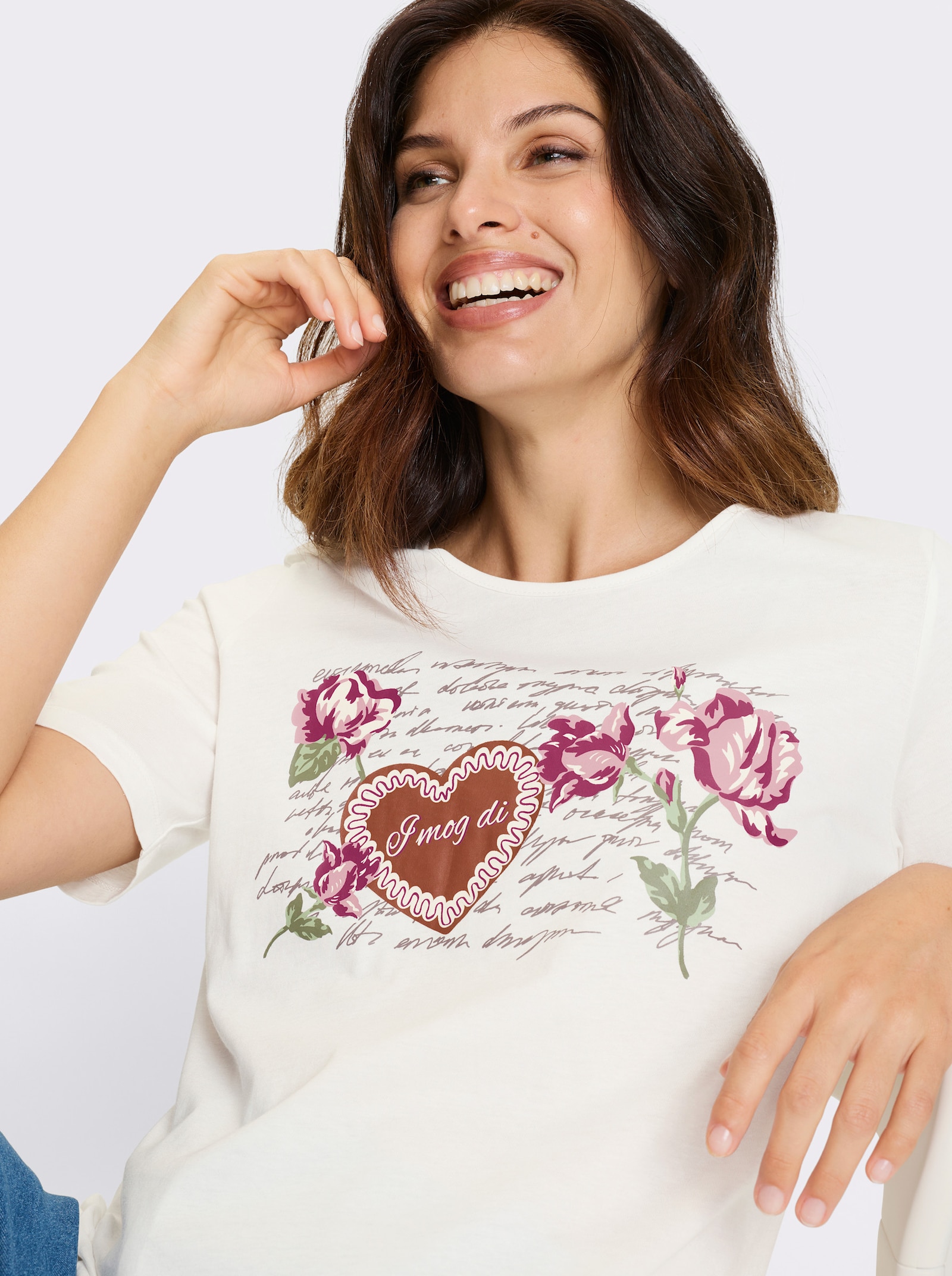 Folkloreshirt met op dessin geplaatste bloemenprint - ecru/oudroze