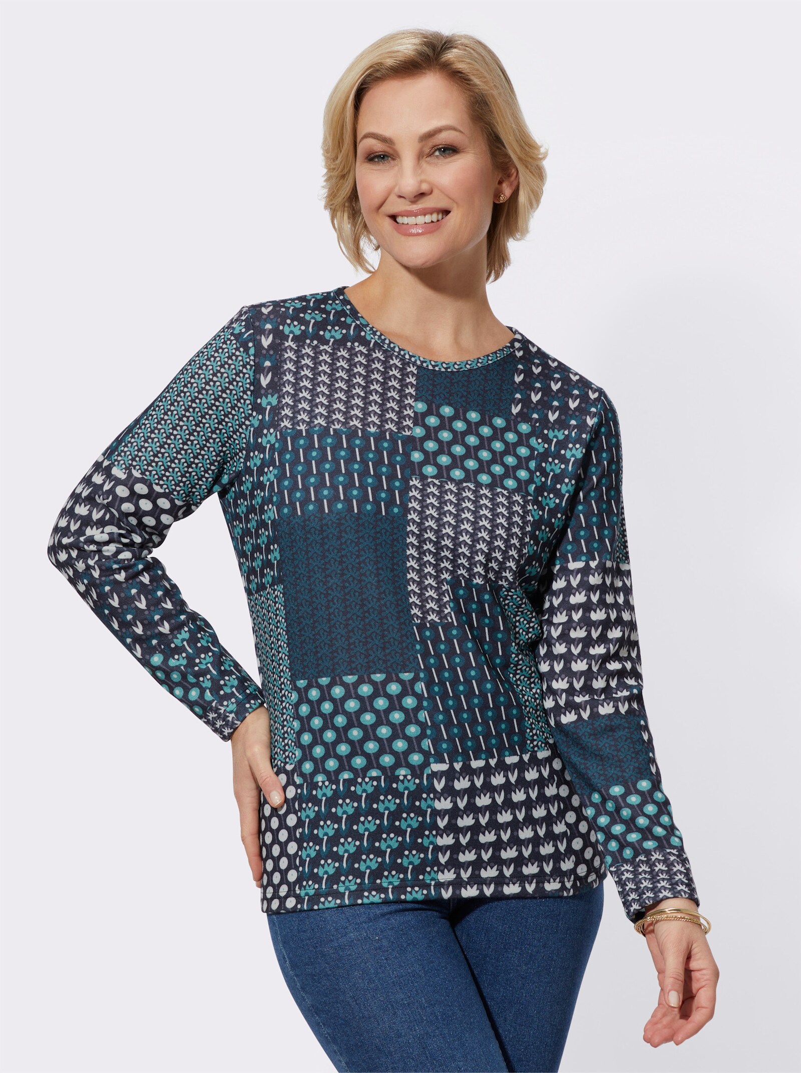 Langarmshirt mit Druck in Patch-Optik - petrol-schwarz-bedruckt