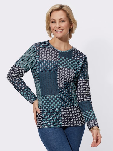 Langarmshirt mit Druck in Patch-Optik - petrol-schwarz-bedruckt