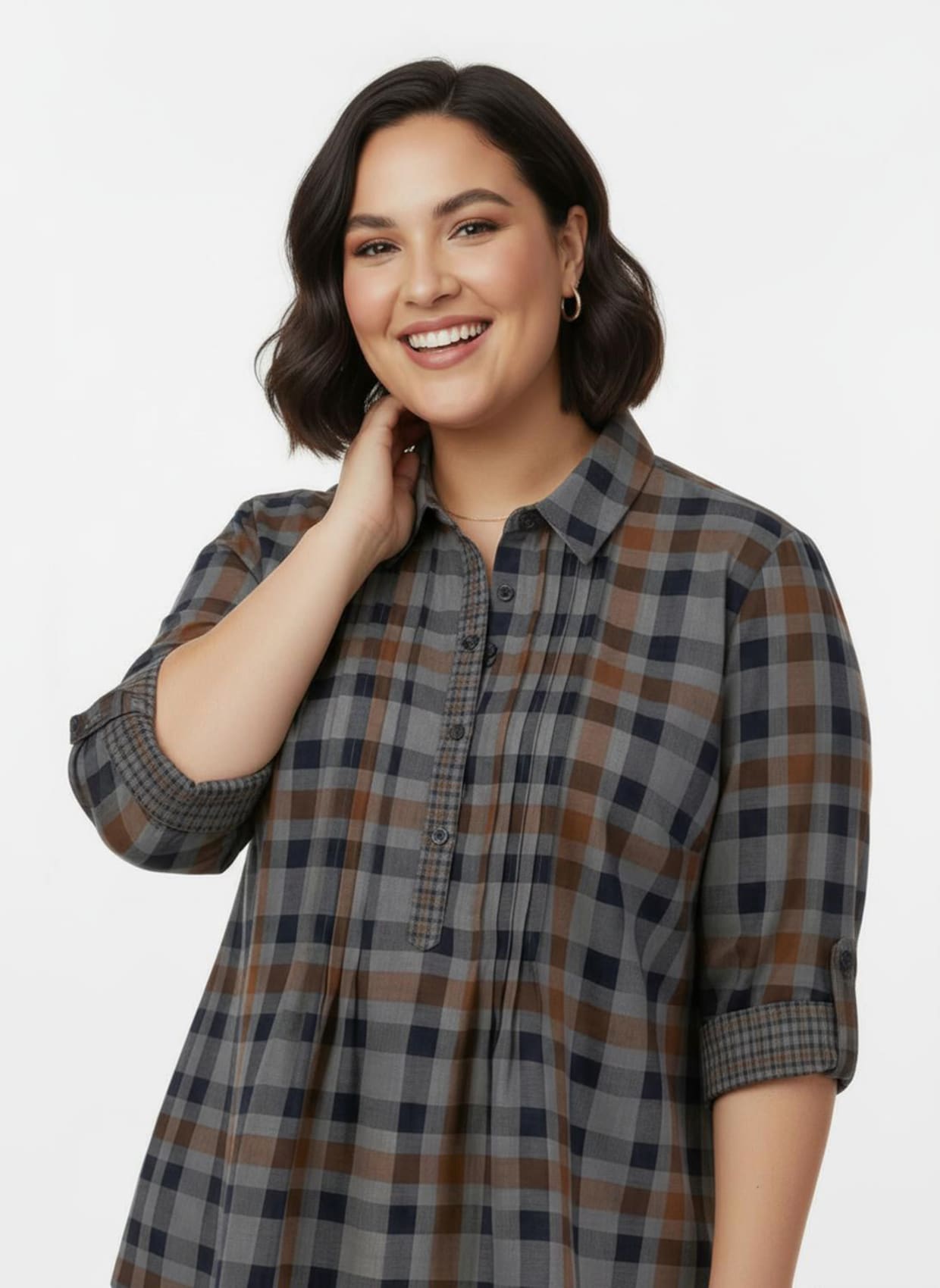 Langarmbluse mit Biesen, kariert - cognac-kariert