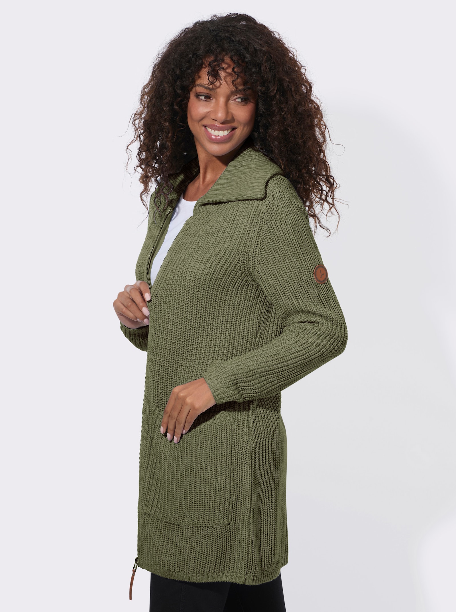 Longstrickjacke mit Umlegekragen - khaki