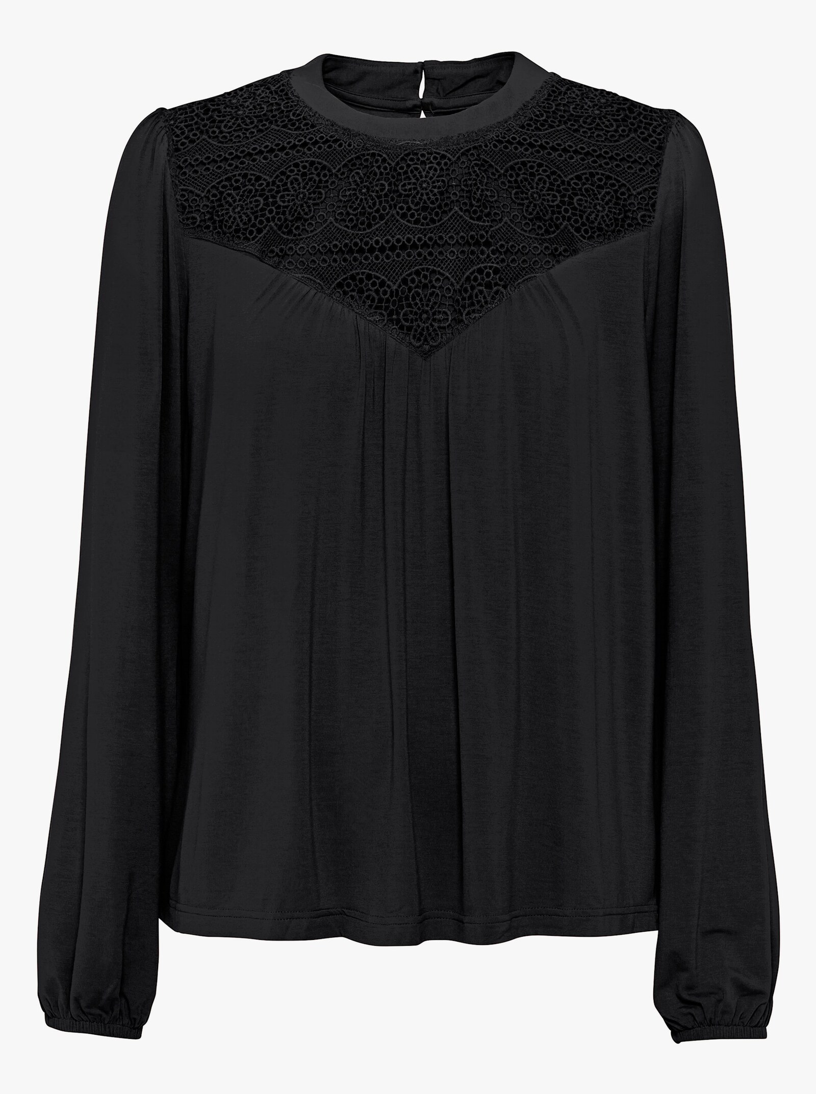 Rundhalsshirt mit Spitze im Vorderteil - schwarz
