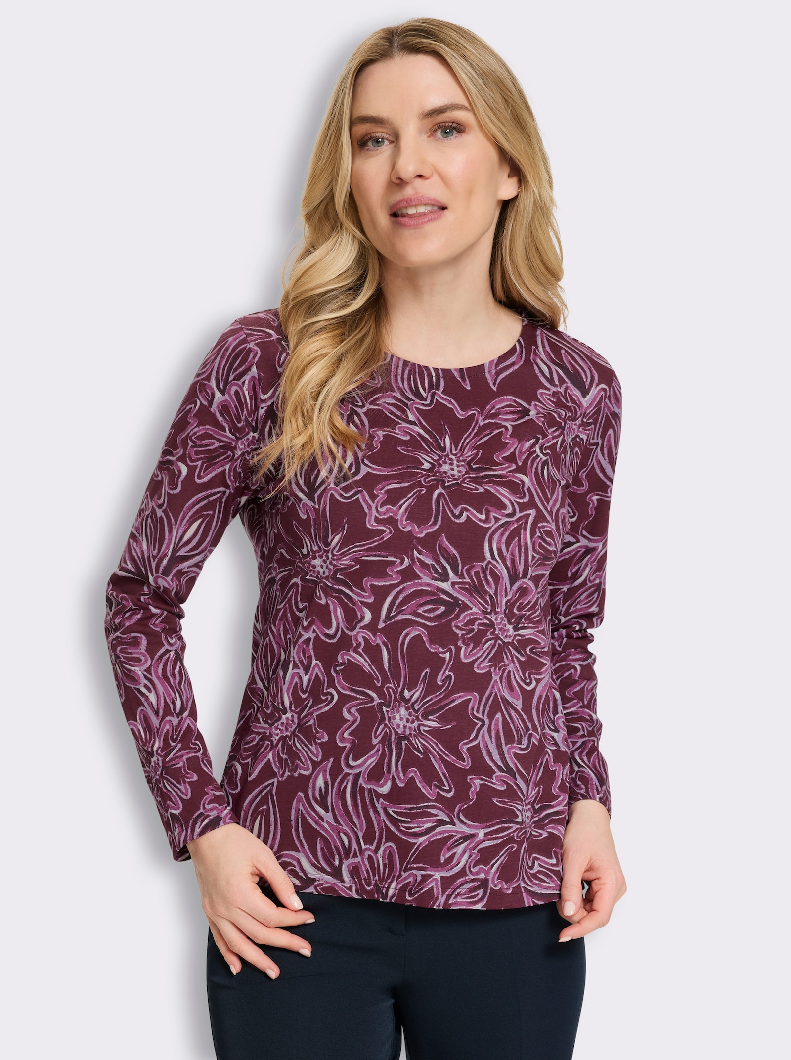 Langarmshirt im floralen Dessin - bordeaux-flieder-bedruckt