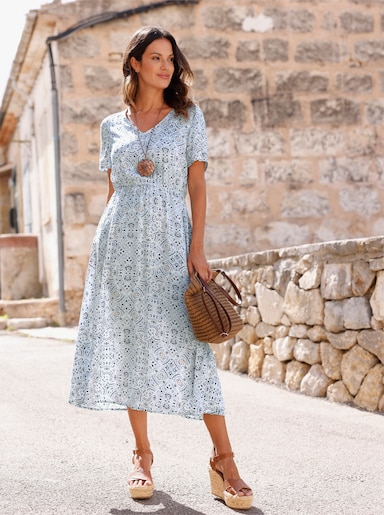 Druckkleid in Viskose-Qualität - ecru-bleu-bedruckt