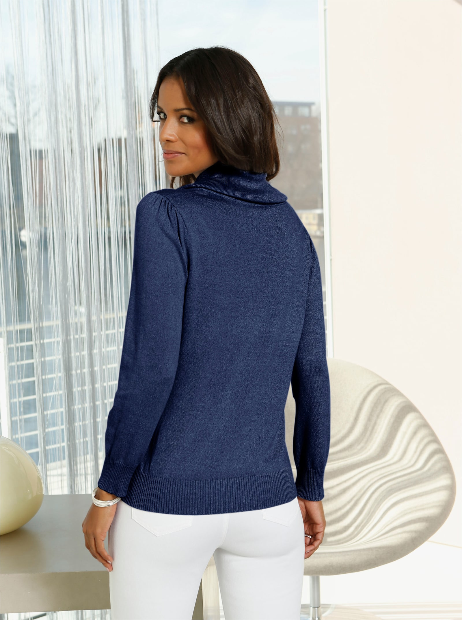 Pullover met cascadehals in mix van katoen en viscose - marine