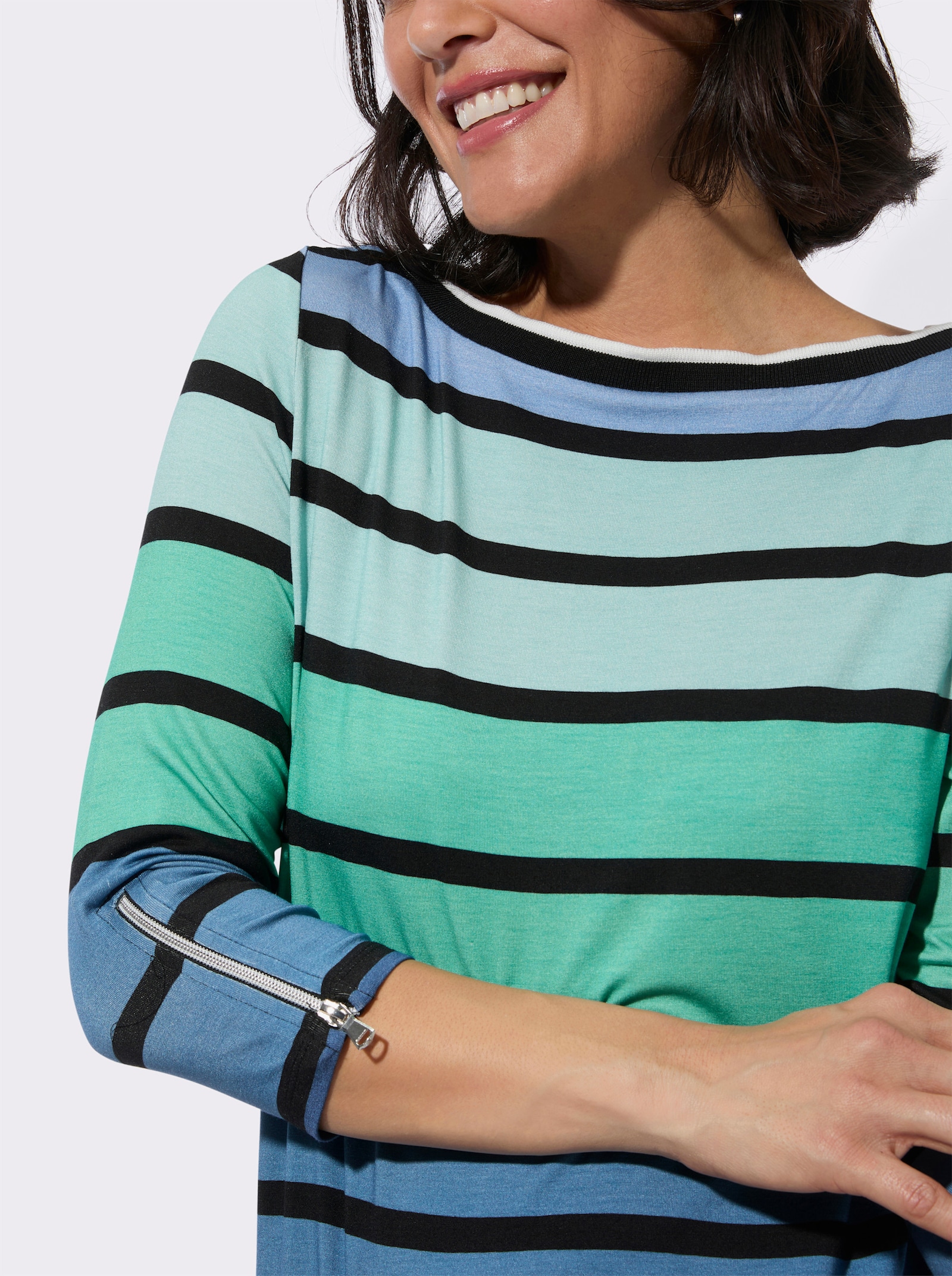 3/4-Arm-Shirt mit U-Boot-Ausschnitt - blaugrün-schwarz-geringelt