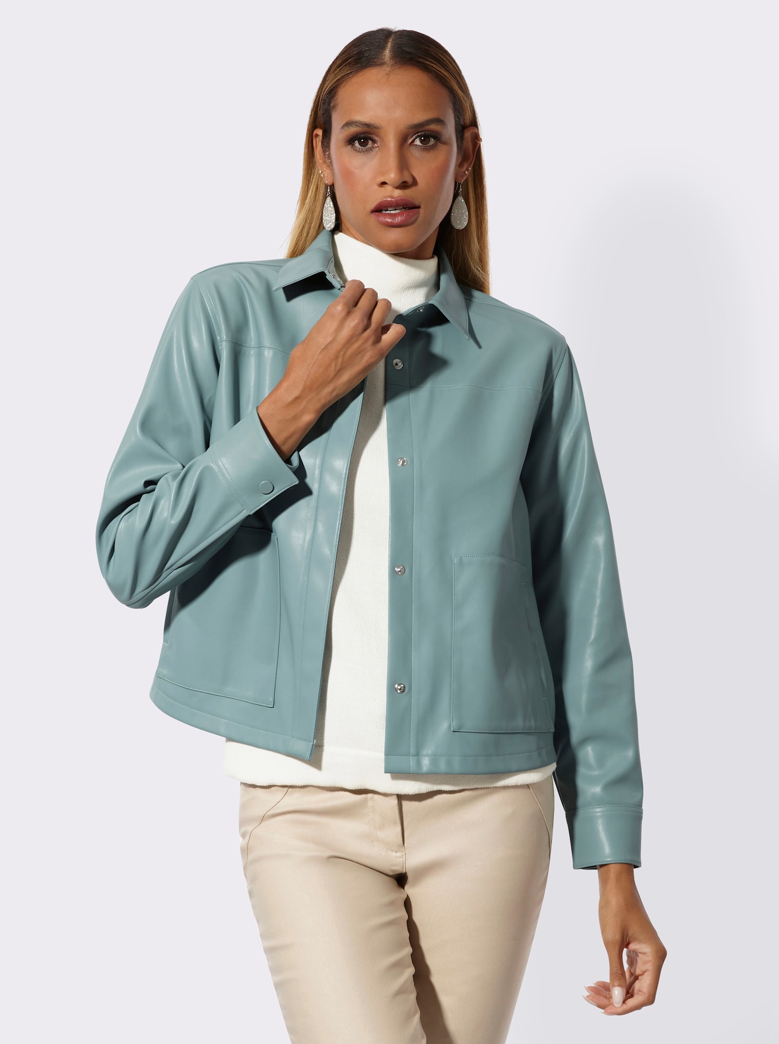 Lederimitat-Blazer mit verdeckter Druckknopfleiste - jade