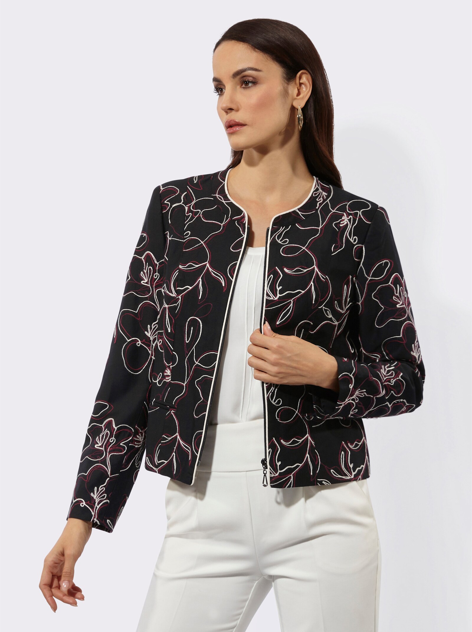 Blazer mit Kontrastpaspeln - schwarz-burgund-gemustert