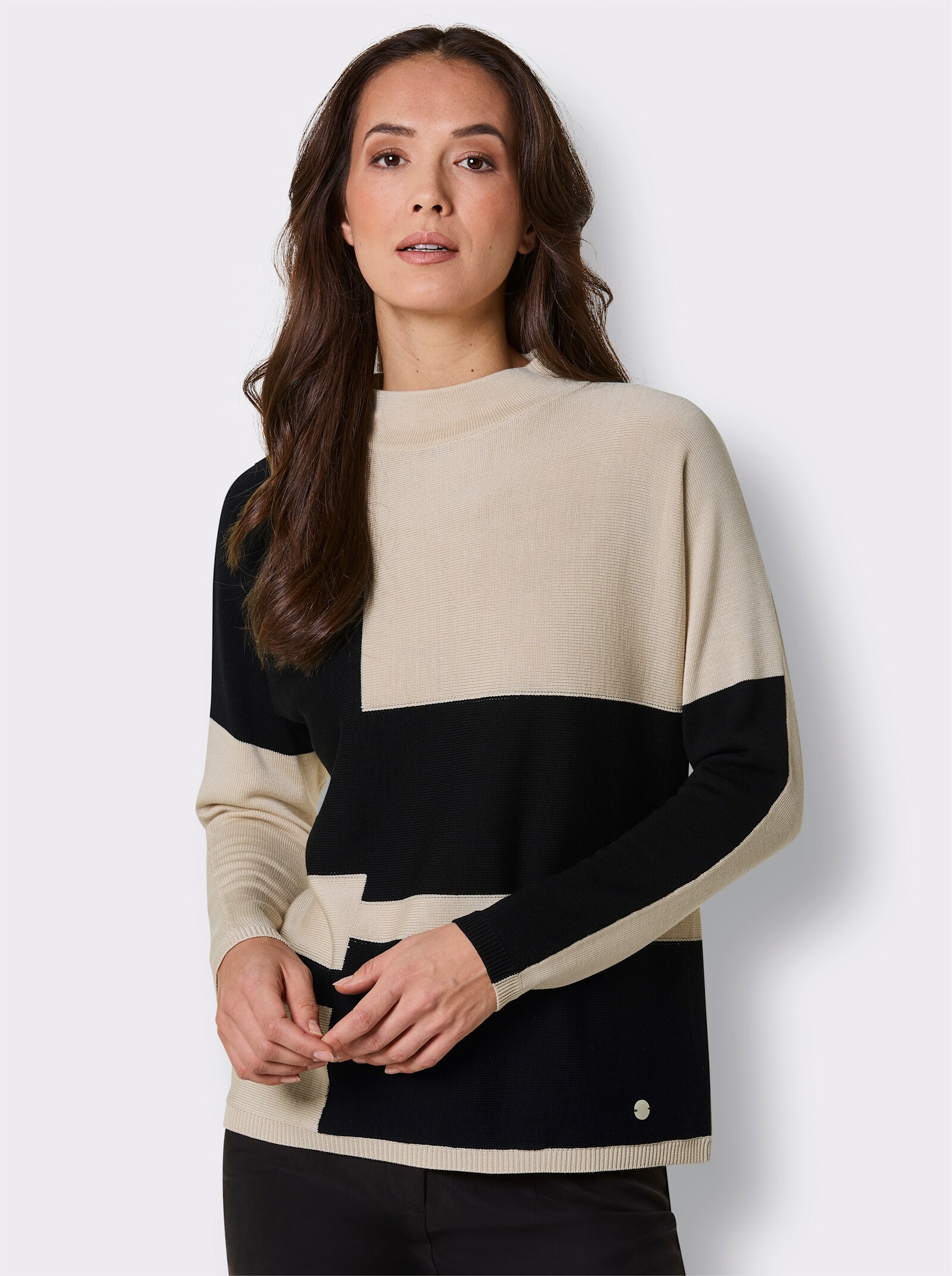 CREATION L PREMIUM Stehkragenpullover mit Intarsien-Dessin - elfenbein-schwarz-gemustert