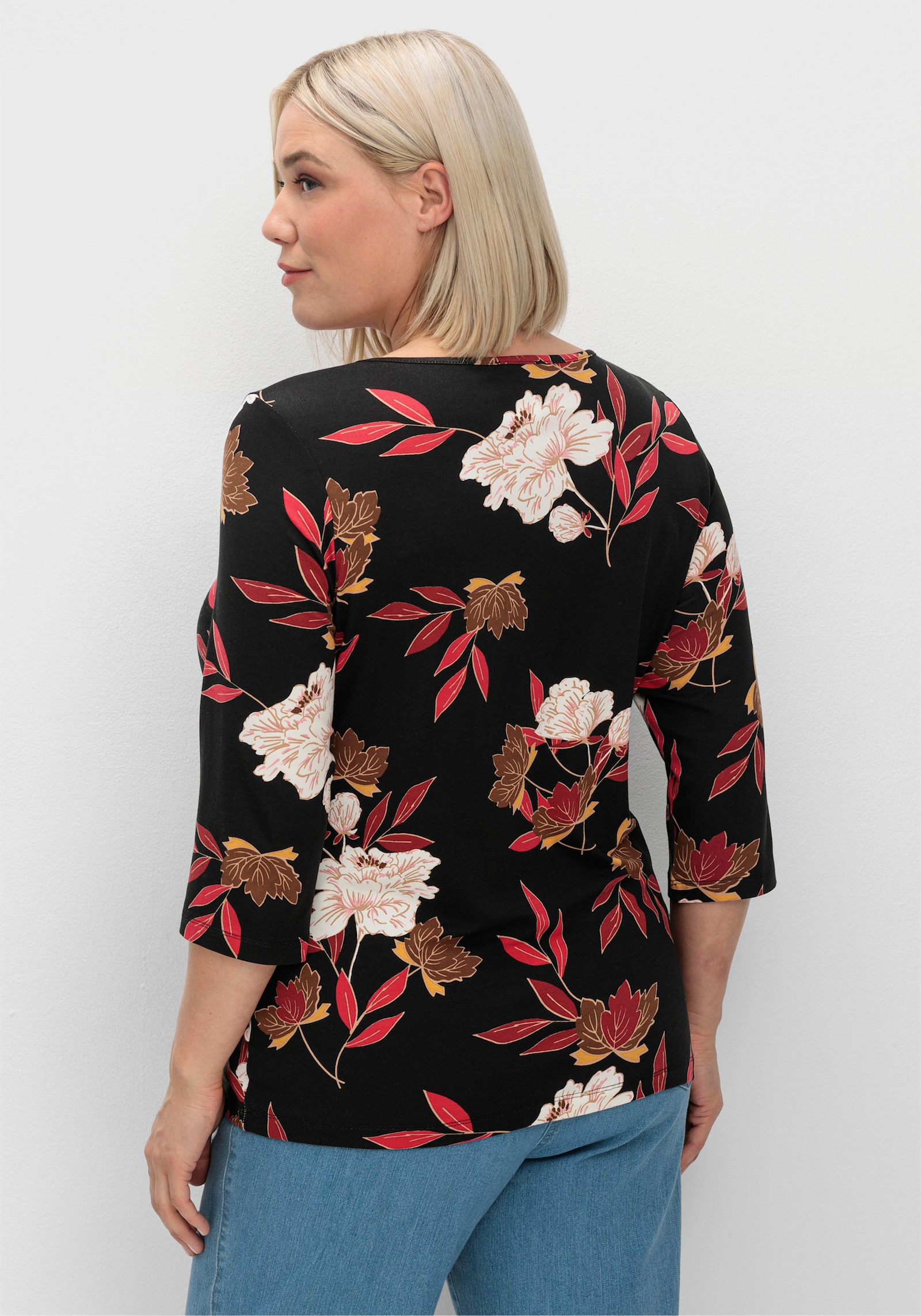 Print-Shirt mit floralem Muster - dunkelrot-ocker-bedruckt