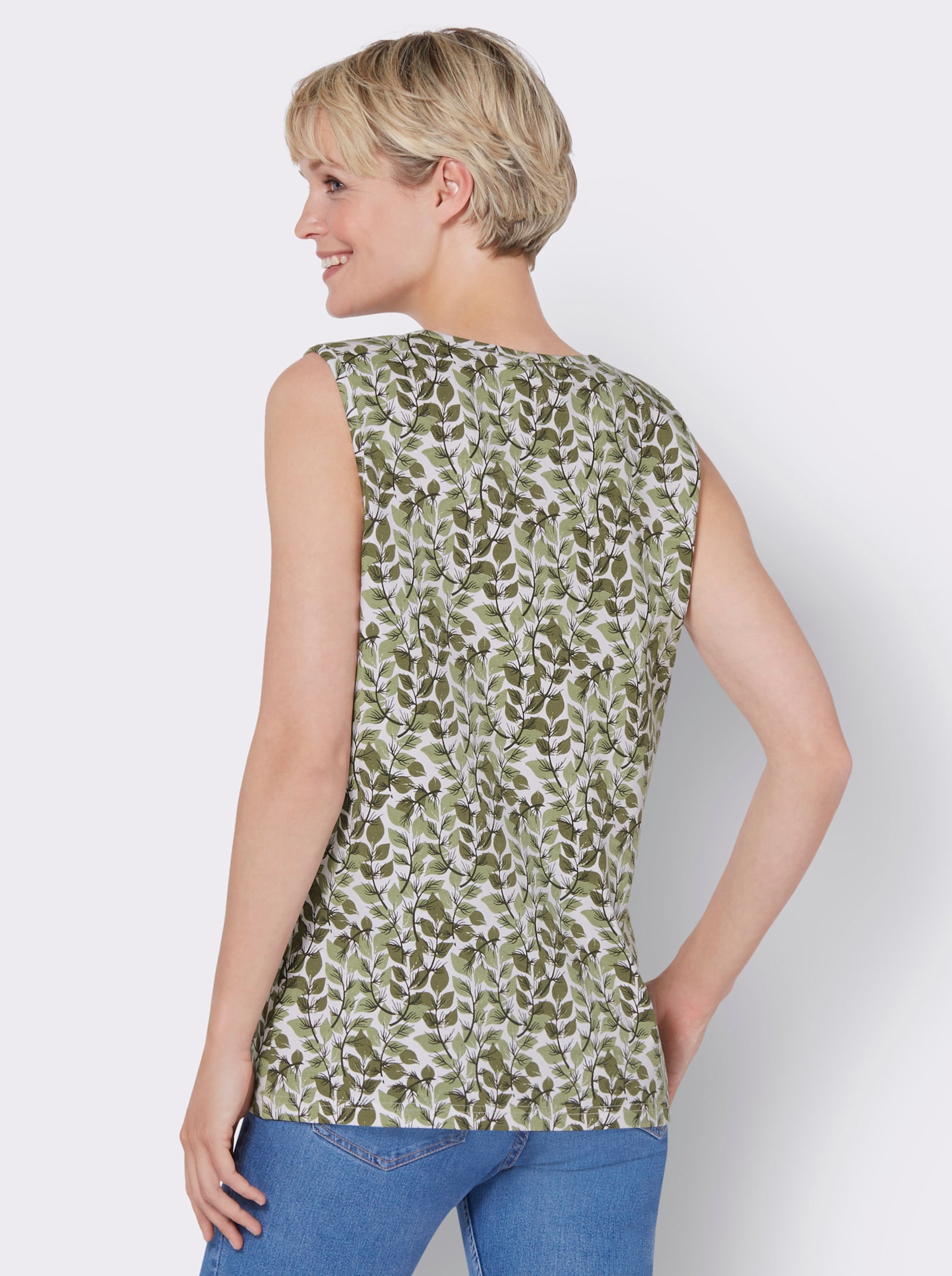 Linne i bladmönster - ecru-oliv, med tryck