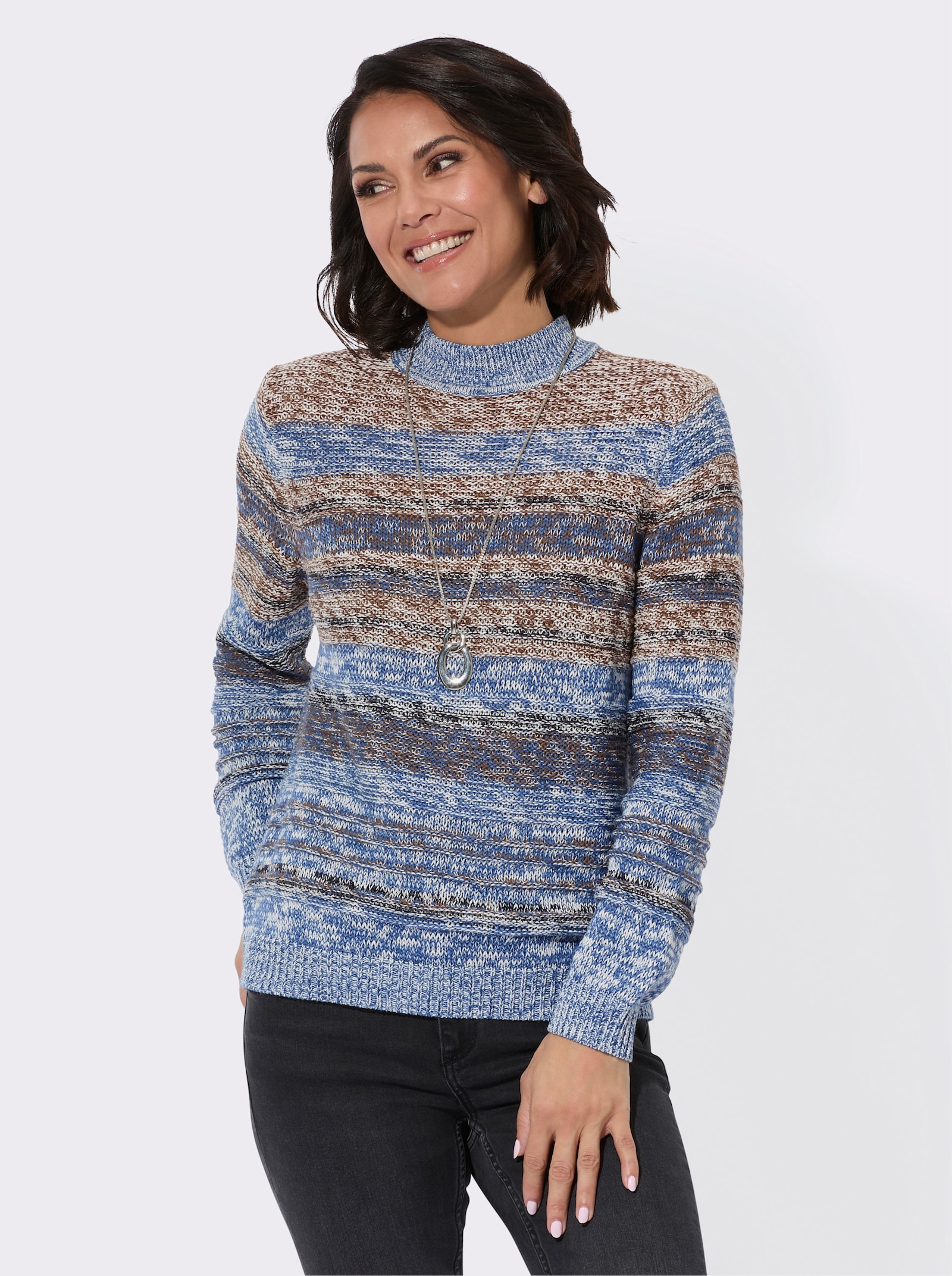 Langarm-Pullover mit Strickstruktur - jeansblau-braun-meliert