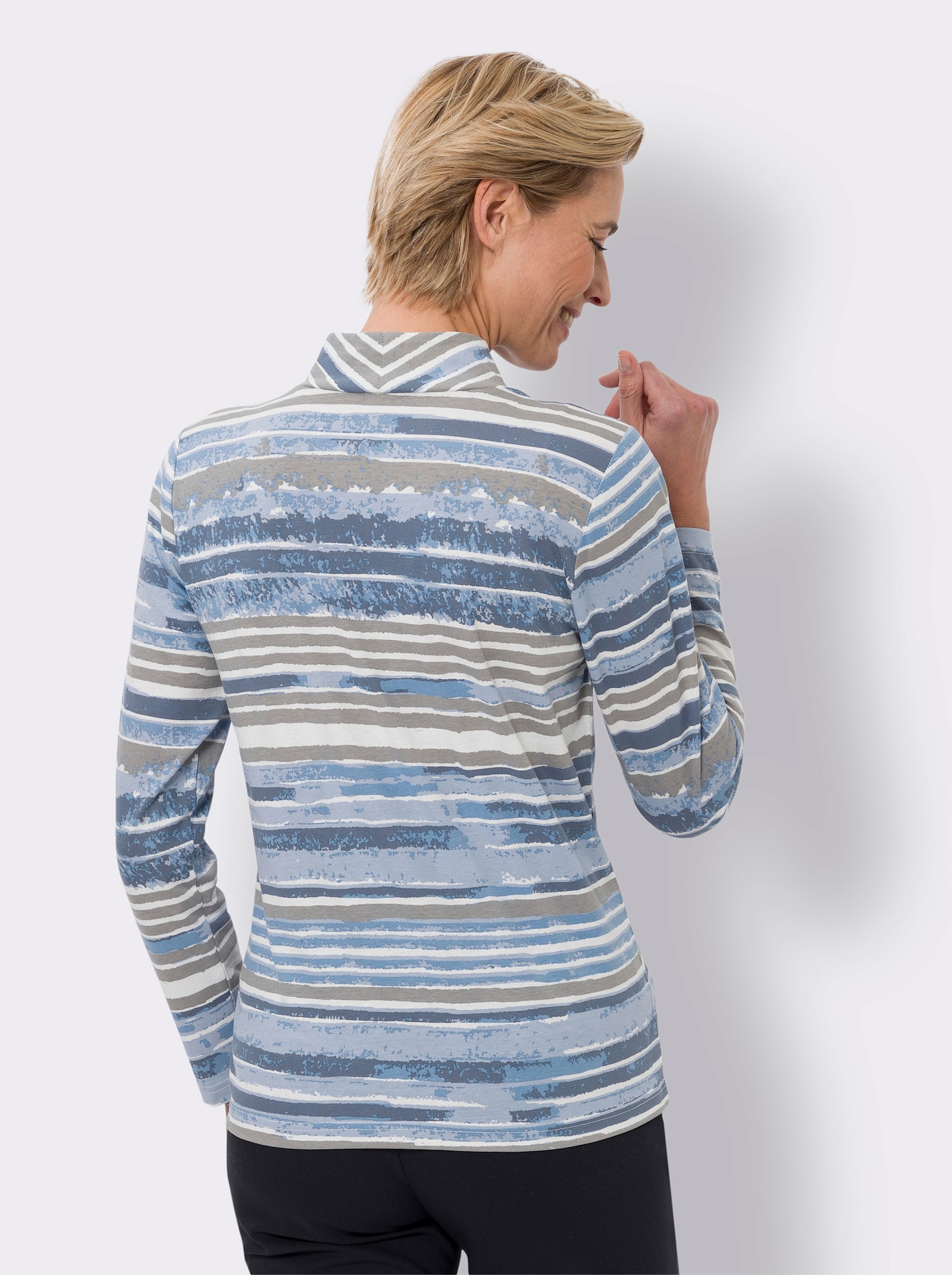 Stehkragenshirt mit Streifen-Muster - bleu-grau-bedruckt