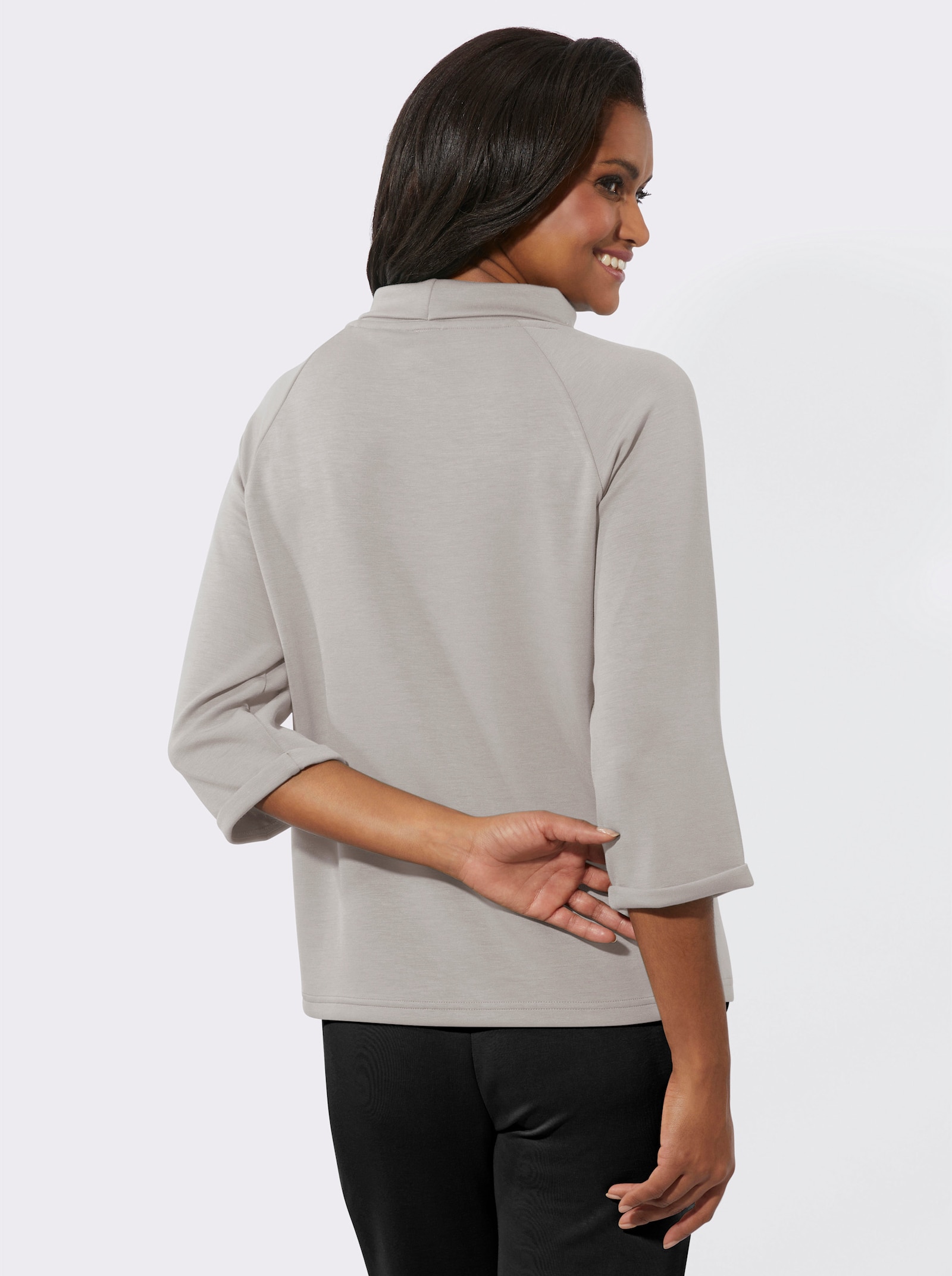 3/4-Arm-Shirt mit halsfernem Rollkragen - hellgrau