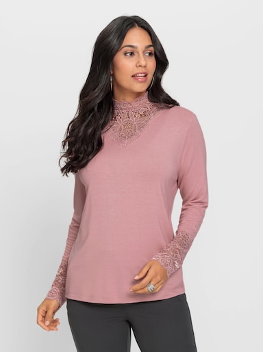 Langarmshirt mit elastischer Spitzenverzierung - rosenquarz