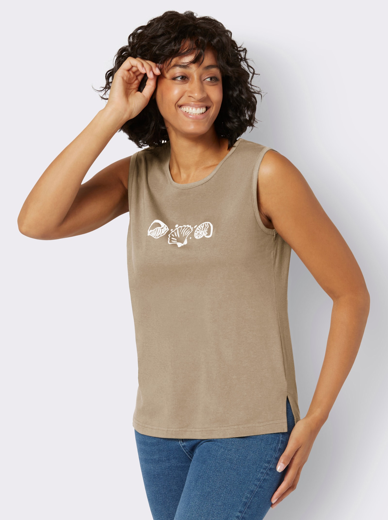 Tričkový top, bočné rázporky - béžová