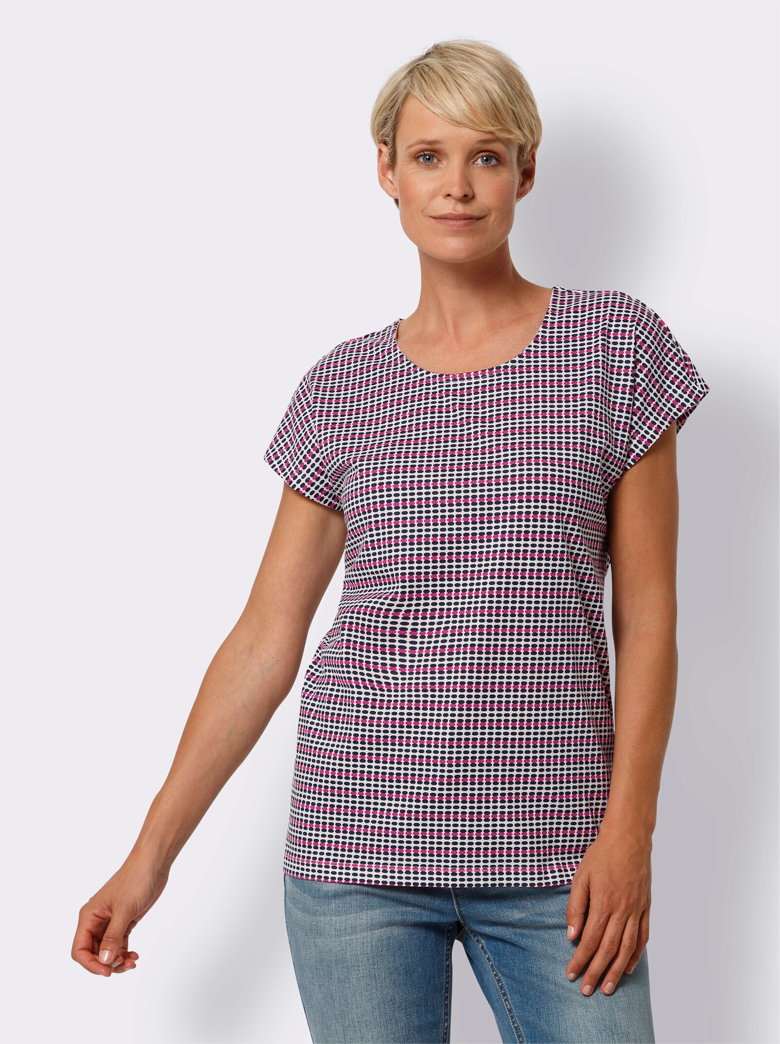 Tričko s kulatým výstřihem a snadno kombinovatelným vzorem - námořnická-fuchsiová-potisk