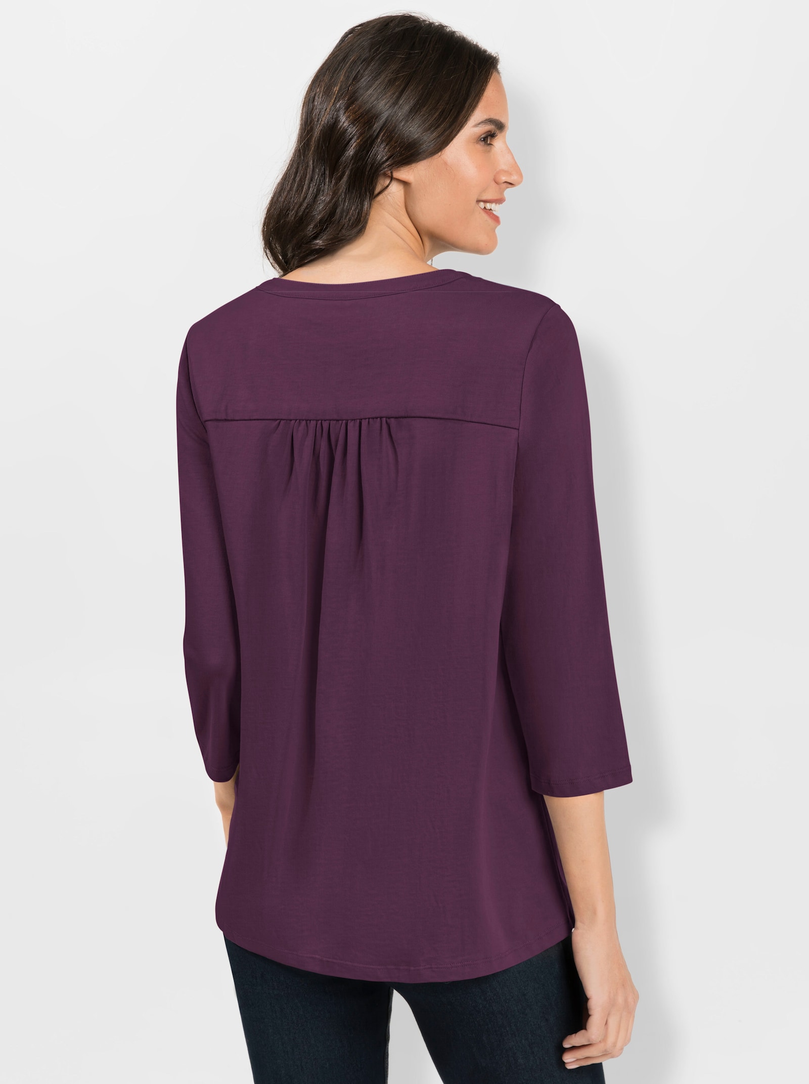 Shirt met 3/4-mouwen en doorgestikte biezen - aubergine