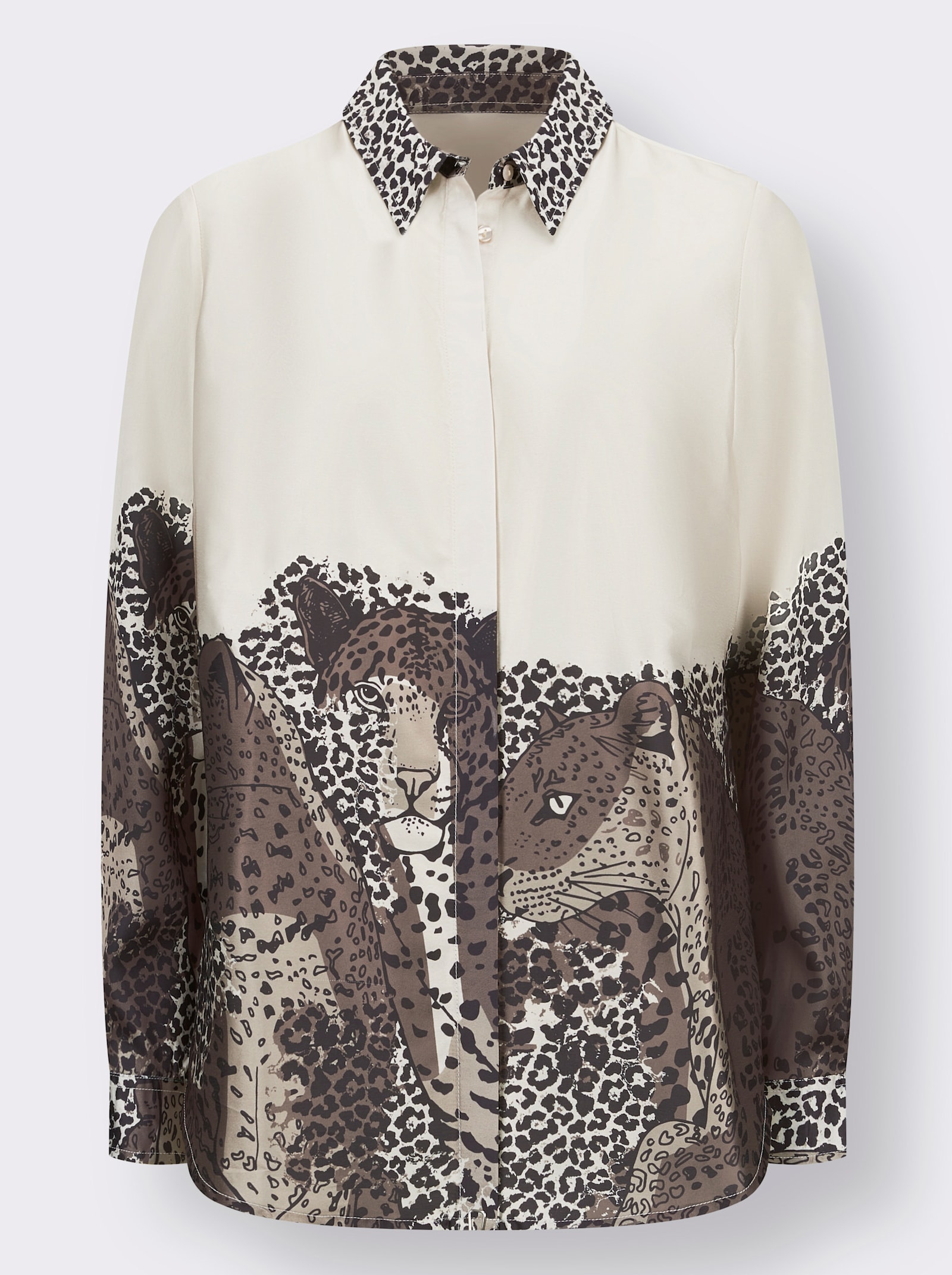 Overhemdblouse van glanzend satijn - ivoor/donkertaupe bedrukt