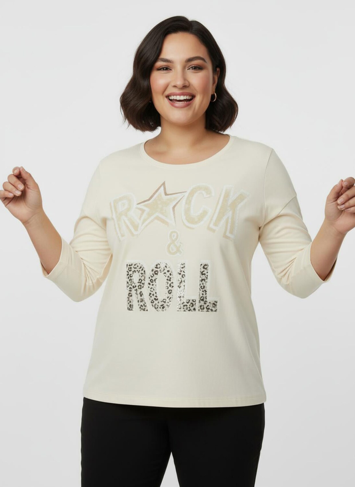 3/4-Arm-Shirt mit glänzendem Schriftzug - champagner-sand-bedruckt