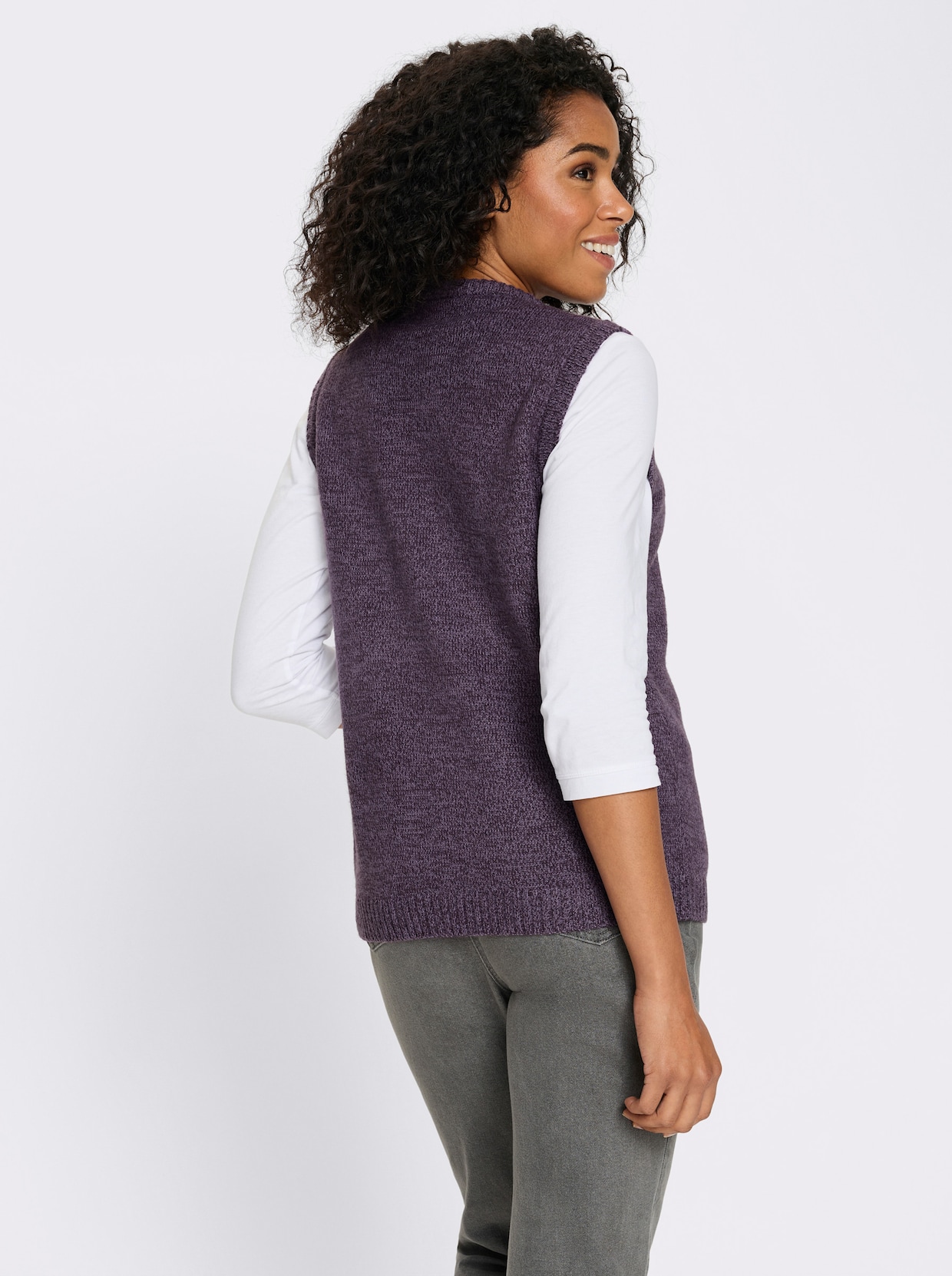 Mouwloos vest van gemêleerd garen - vijg/aubergine gemêleerd