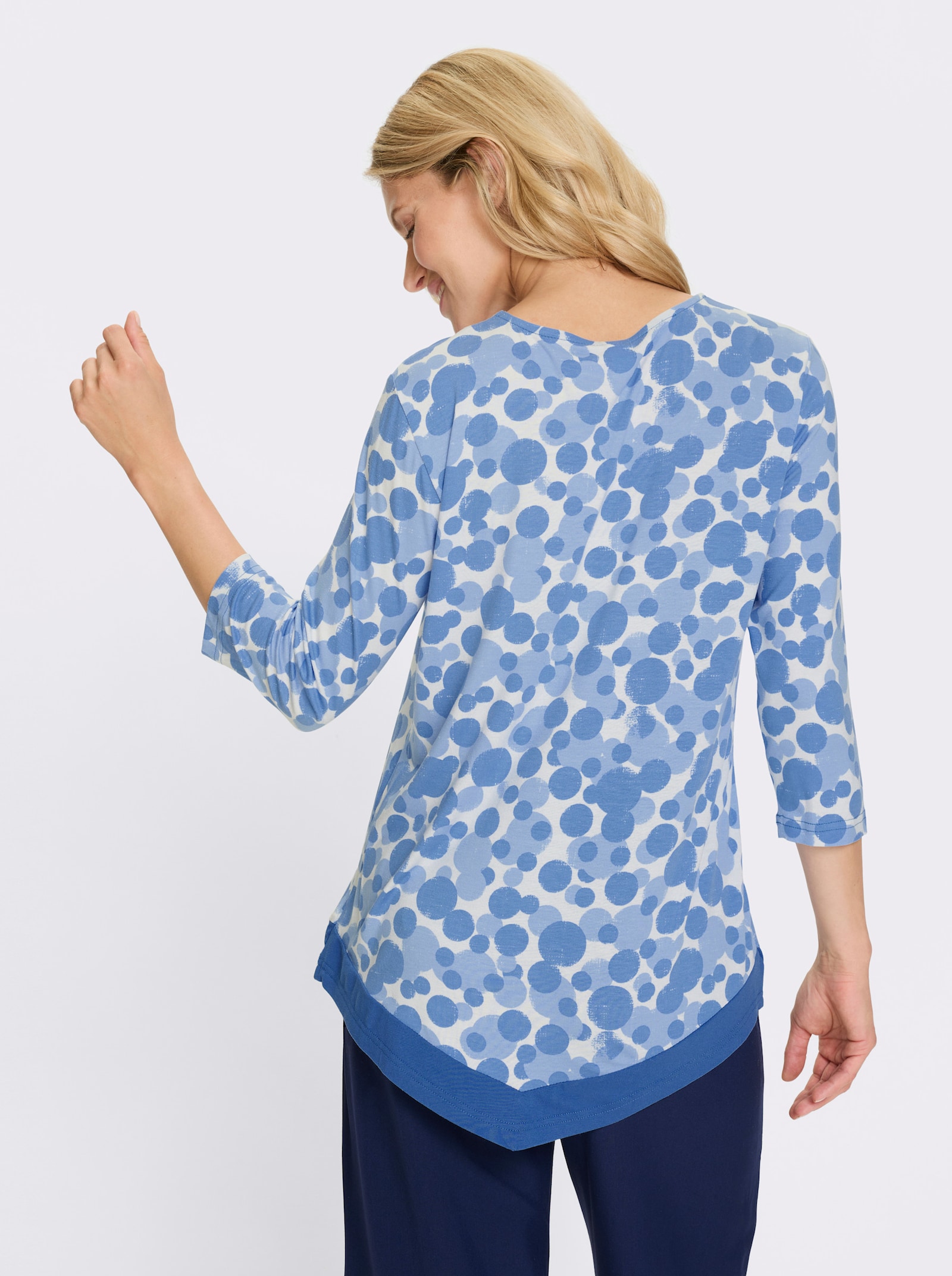 3/4-Arm-Shirt mit spitz zulaufendem Saum - ecru-himmelblau-bedruckt
