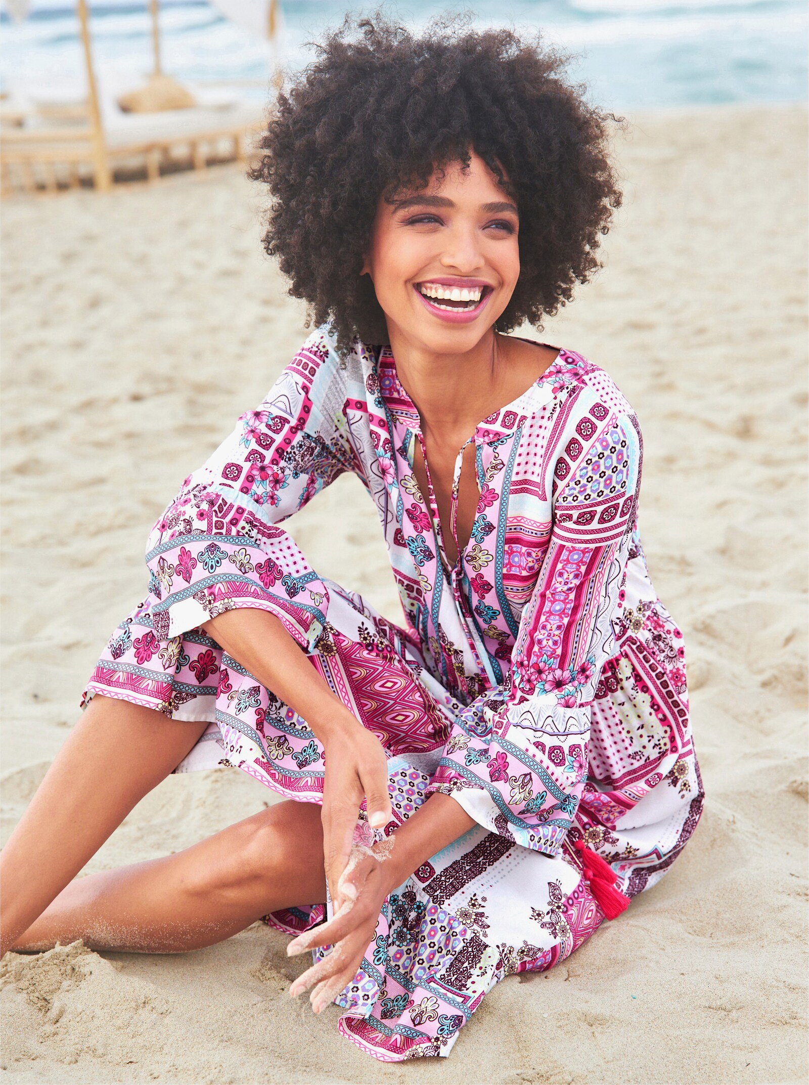 heine Druckkleid mit Volant-Abschlüssen - champagner-pink-bedruckt