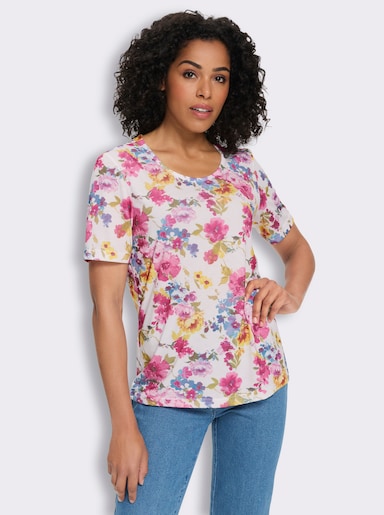 Shirt met ronde hals en bloemetjesprint rondom - wit/fuchsia geprint