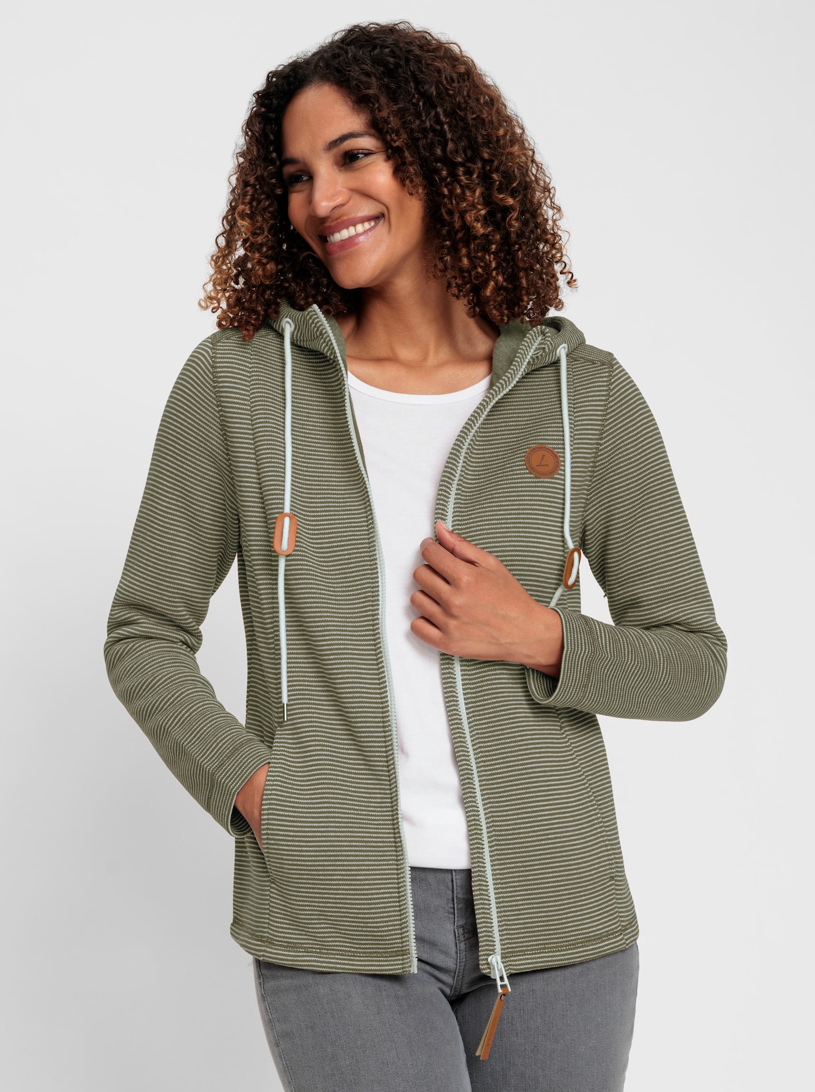 Fleecejacke mit Nahttaschen - oliv-ecru-geringelt