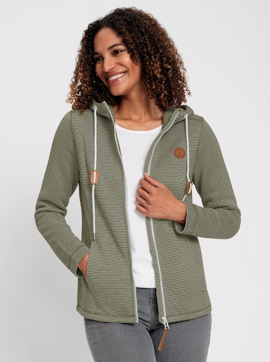 Fleecejacke mit Nahttaschen - oliv-ecru-geringelt