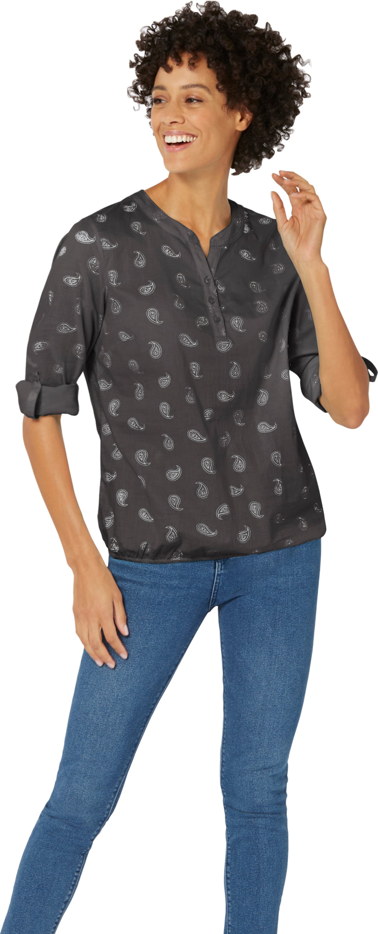 Inspirationen Damen Dunkelgrau Schlupfbluse Gr. 50, Grau (Anthrazit, Bedruckt), 100% Baumwolle, Bedruckt, Gemustert, Mehrfarbig, Rundhals, Blusen Schlupfbluse - Bild 3