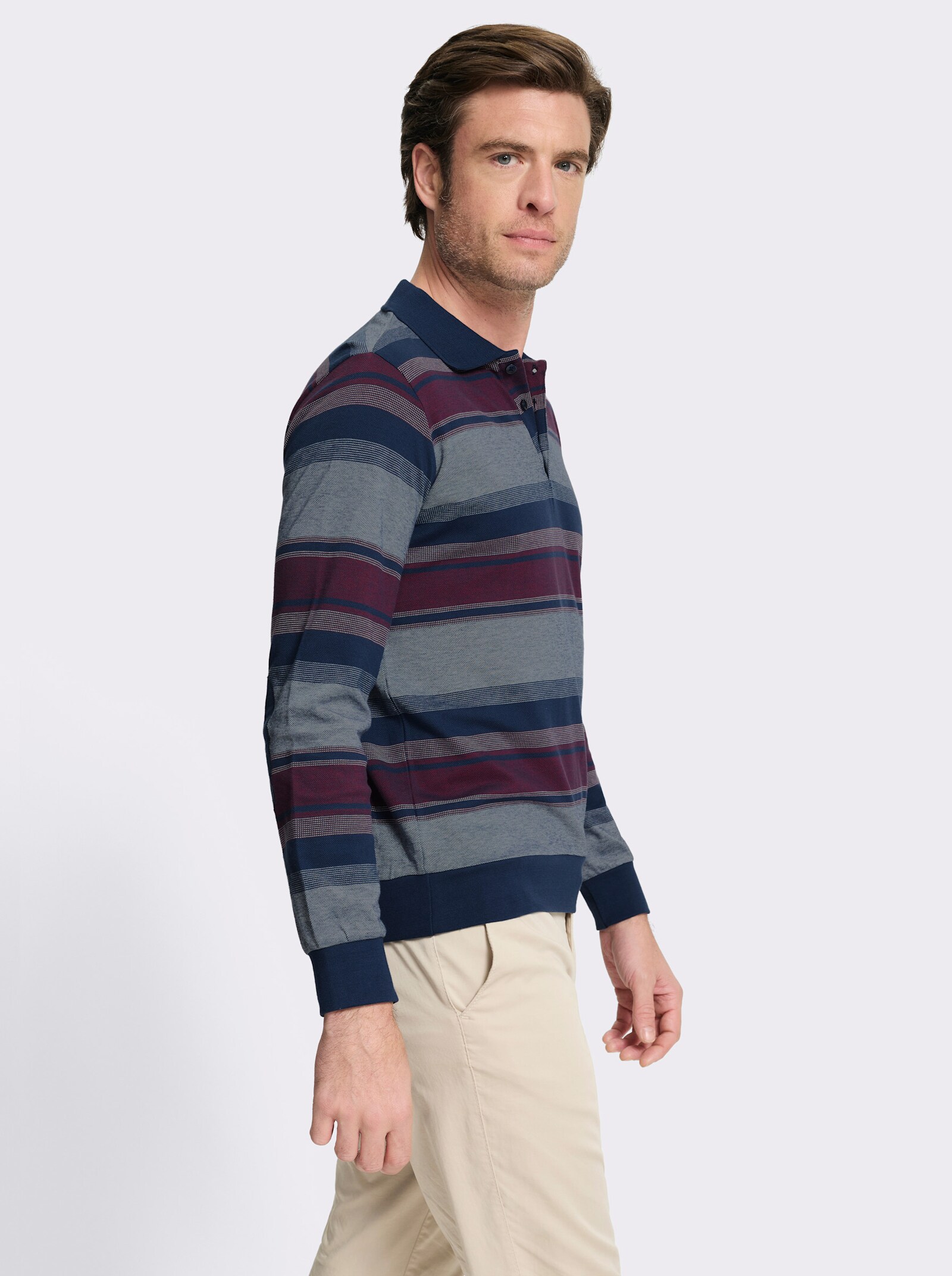 Marco Donati Langarm-Poloshirt mit Ellenbogen-Patches - dunkelblau-bordeaux-gestreift