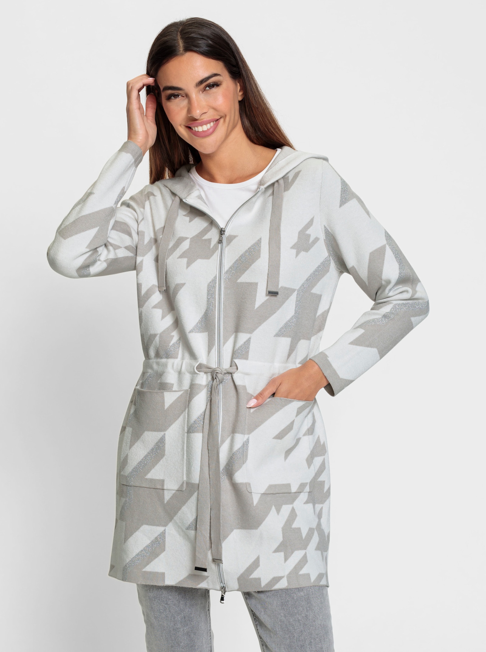 heine Lang vest met effectgaren - ecru/lichtgrijs gedessineerd