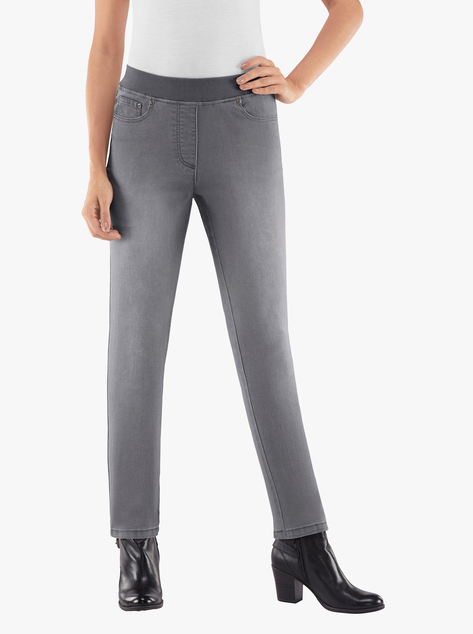 Schlupfjeans mit geripptem Strick-Dehnbund - grey-denim