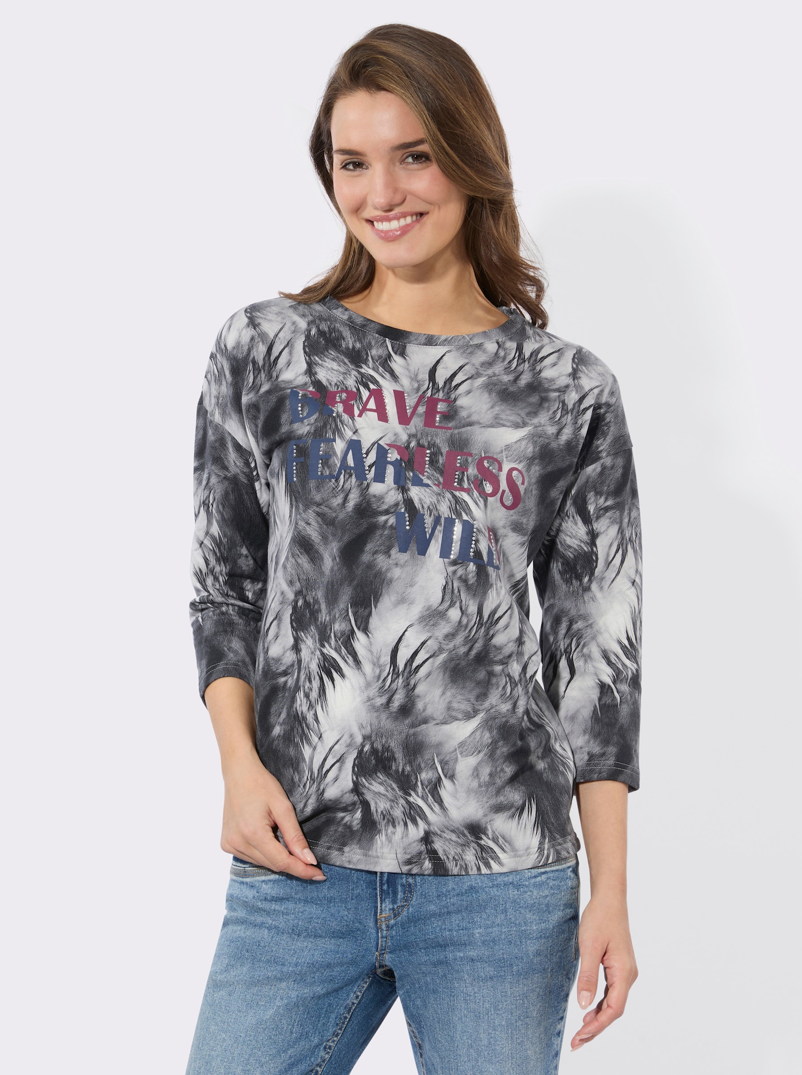 Sweatshirt mit Schriftzug mit Glitzersteinchen - weiß-anthrazit-bedruckt