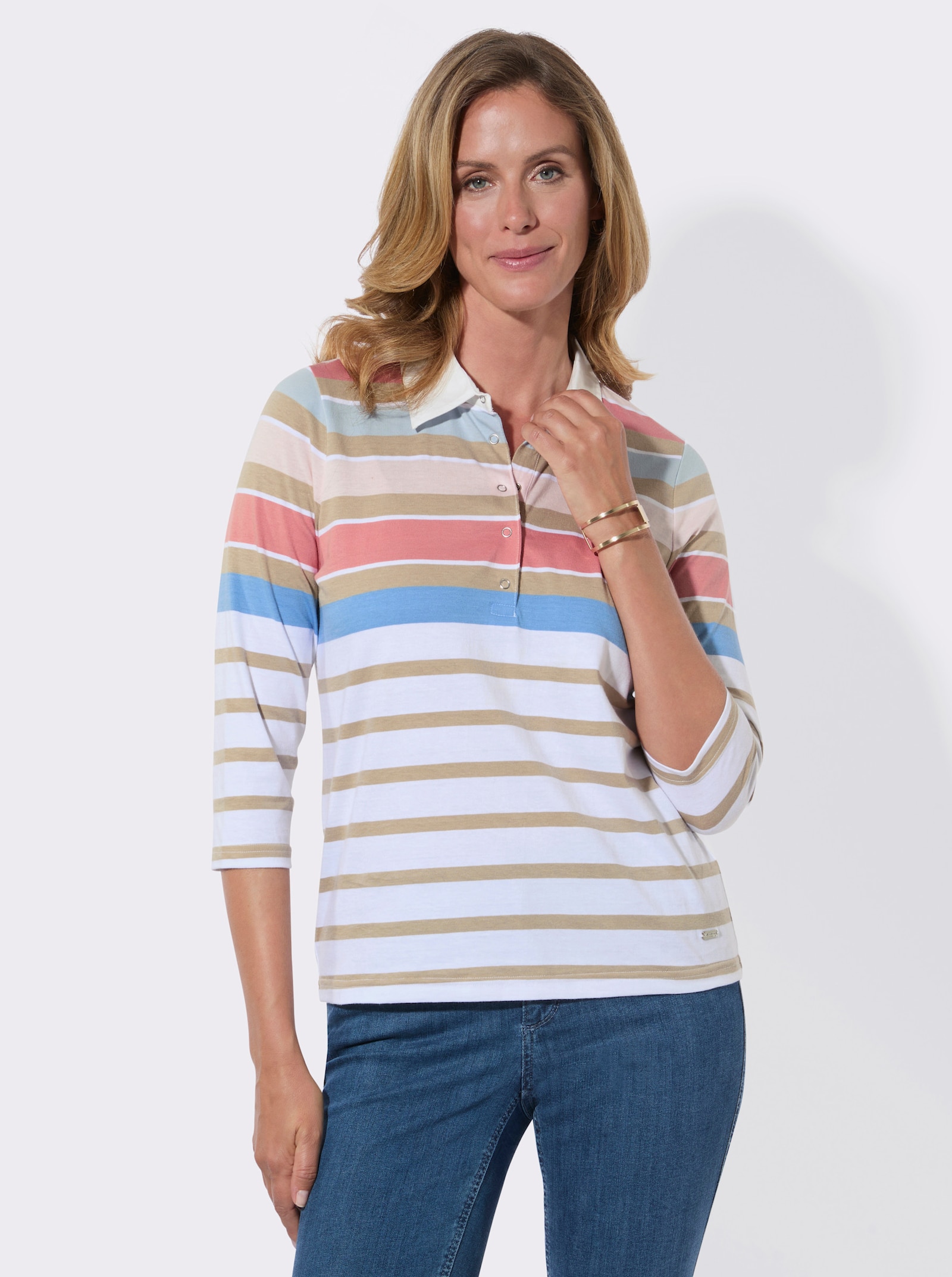 Poloshirt im Ringelmuster - ecru-flamingo-geringelt